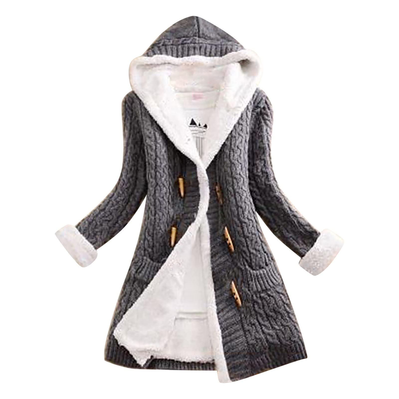 Women's Grey 2023 Fall Winter Warm Comfy Sherpa Lined Fleece Jacket Coat Fashion Designed Long Sleeve Horn Buttons Chunky Knitted Hooded Cardigan Sweaters Knitwear Jumper Coats Outwear Tops With Pockets
