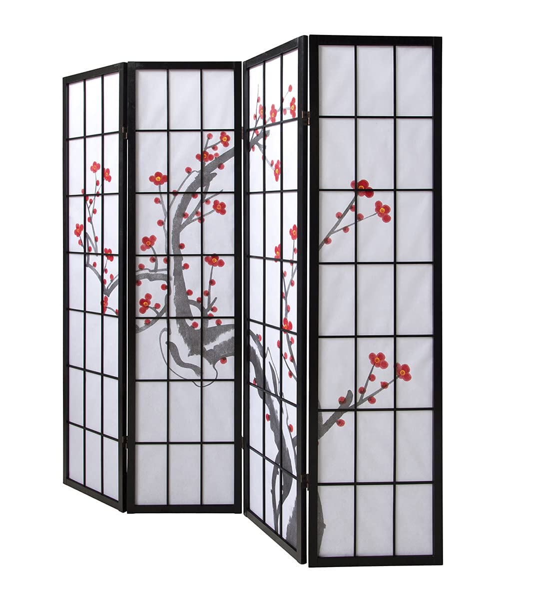 Paravent Japonais Fleur de Cerisier en Bois Noir de 4 pans, L176 x H175 x P2 cm -PEGANE-