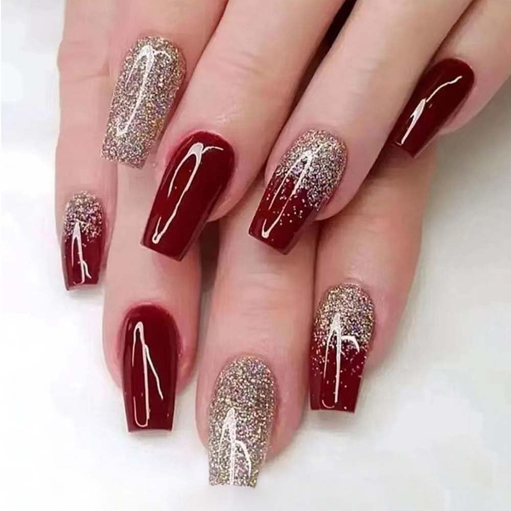 Red Press on Nails Coffin Short Medium Fake Nails for Women with Glitter Gold Design Glue on Nails Square Acrylic False Nails Manicure Press on Nail Gel Stick on Nails for Wedding 24Pcs B32