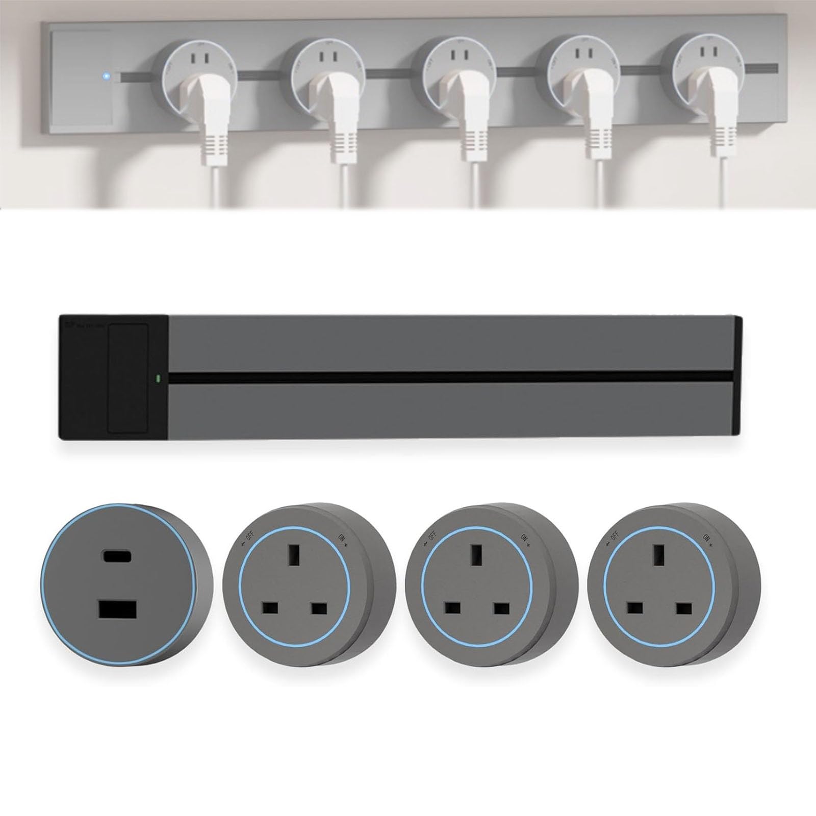 Power Track Socket, 8000W Wall-Mounted Slide Rail Wiring Board with 2500W Plug Adapters, Rotatable Movable Outlets, High Power for Kitchen Office Home(Grey,50cm)