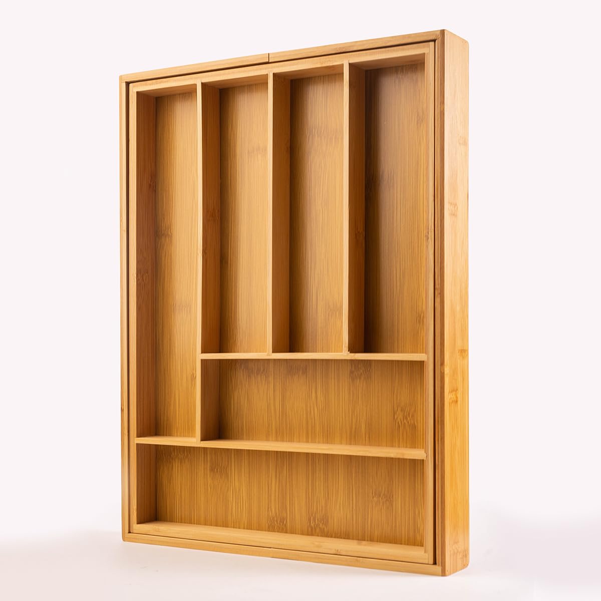 Organizador de cubiertos de bambú de lujo para cajones, extensible, 33 a 52 x 43 x 5 cm, 6 a 8 compartimentos, organizador de cubiertos, organizador de cajón para cucharas, tenedores