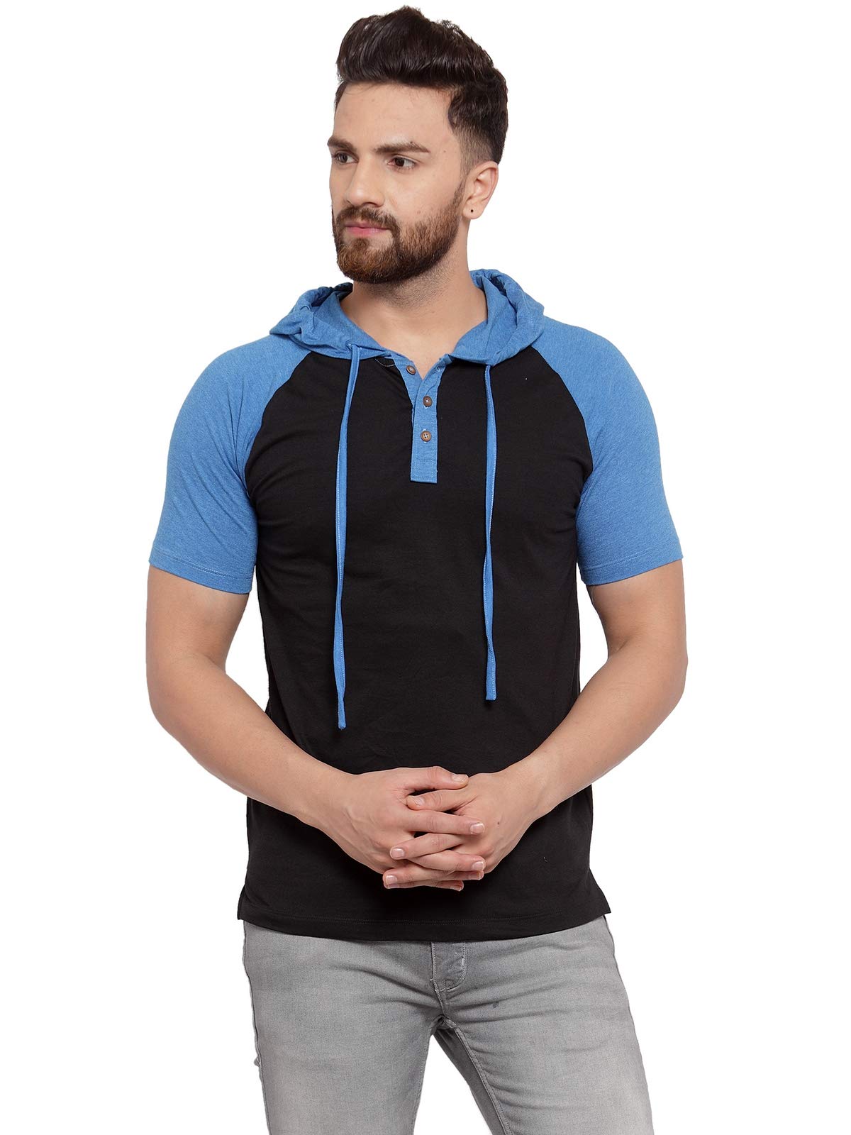 kalt Men's Half Sleeves Dual Colour Cotton Blend Hoodie(Black::Blue Melange)-picture-11