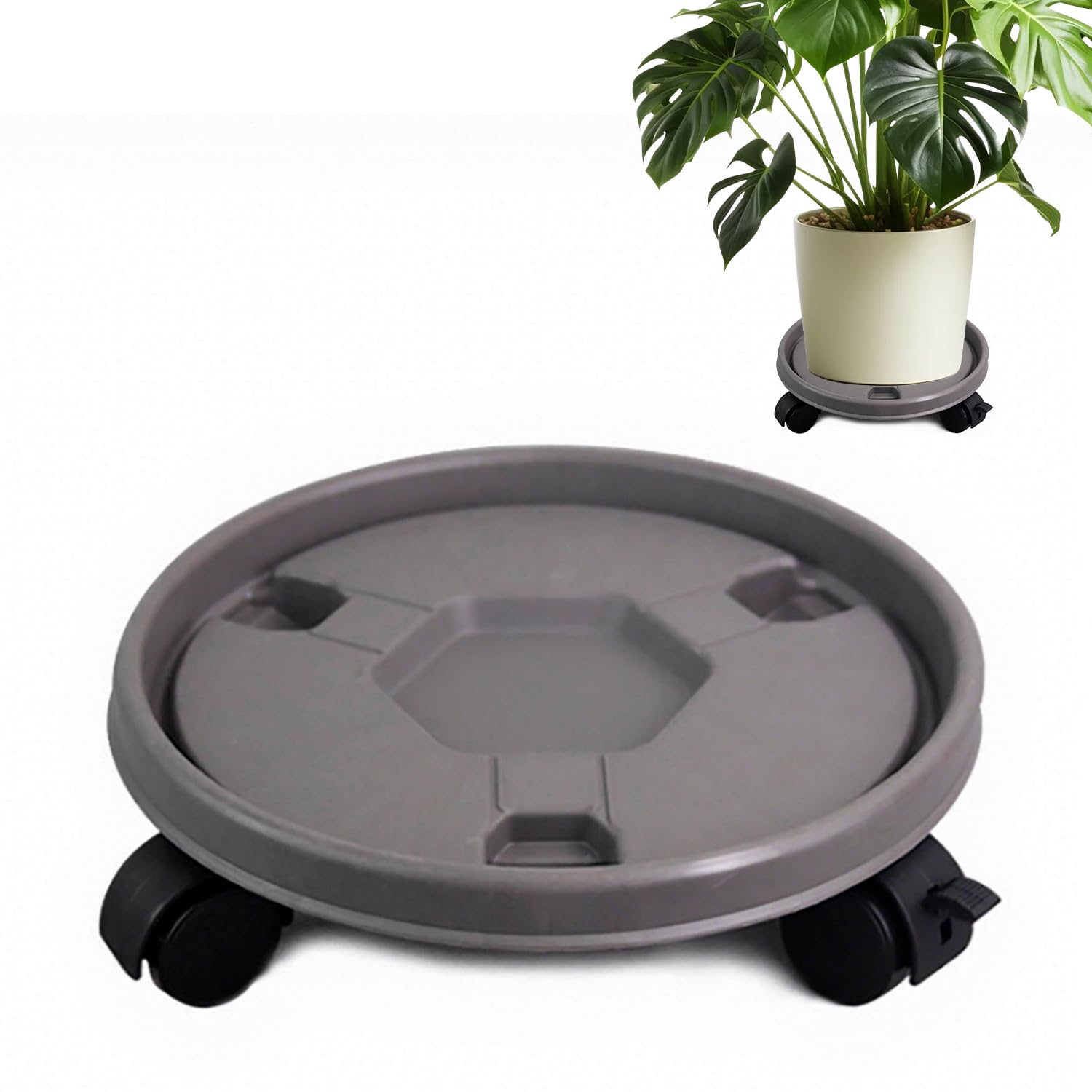 Tissting Plant Caddy with 4Pcs Wheels, OD 40cm ID 36cm Grey Plastic Casters Rolling One Wheel Lockable Mover Round Rolling Plant Stand for Indoor Outdoor