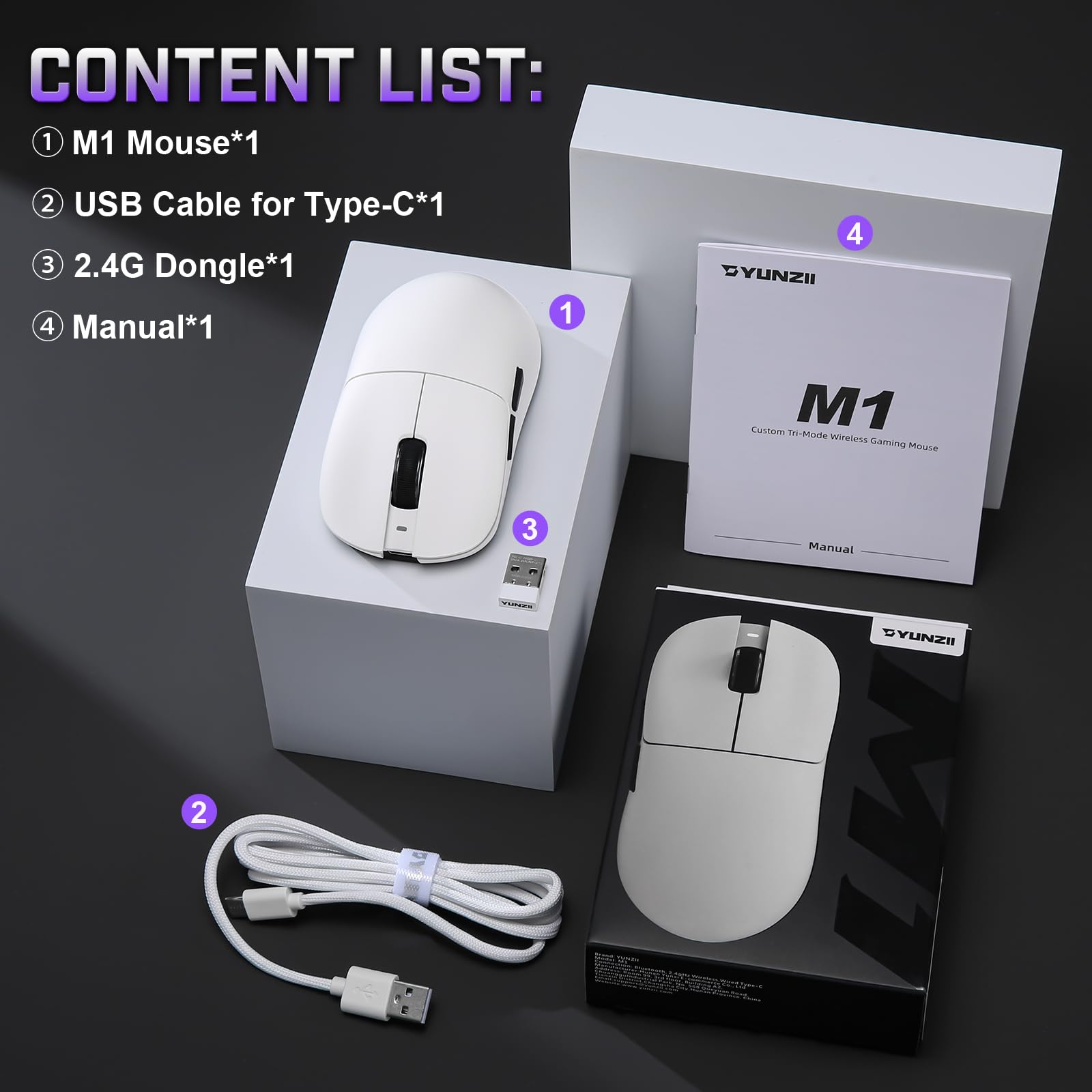 YUNZII M1 Mouse Gaming Wireless Ricaricabile, Leggero Triplo Modo Bluetooth 5.0/2.4G/USB-C per PC, 10000 DPI Regolabile, 5 Pulsanti Programmabili, Software per Windows e Mac (Bianco)