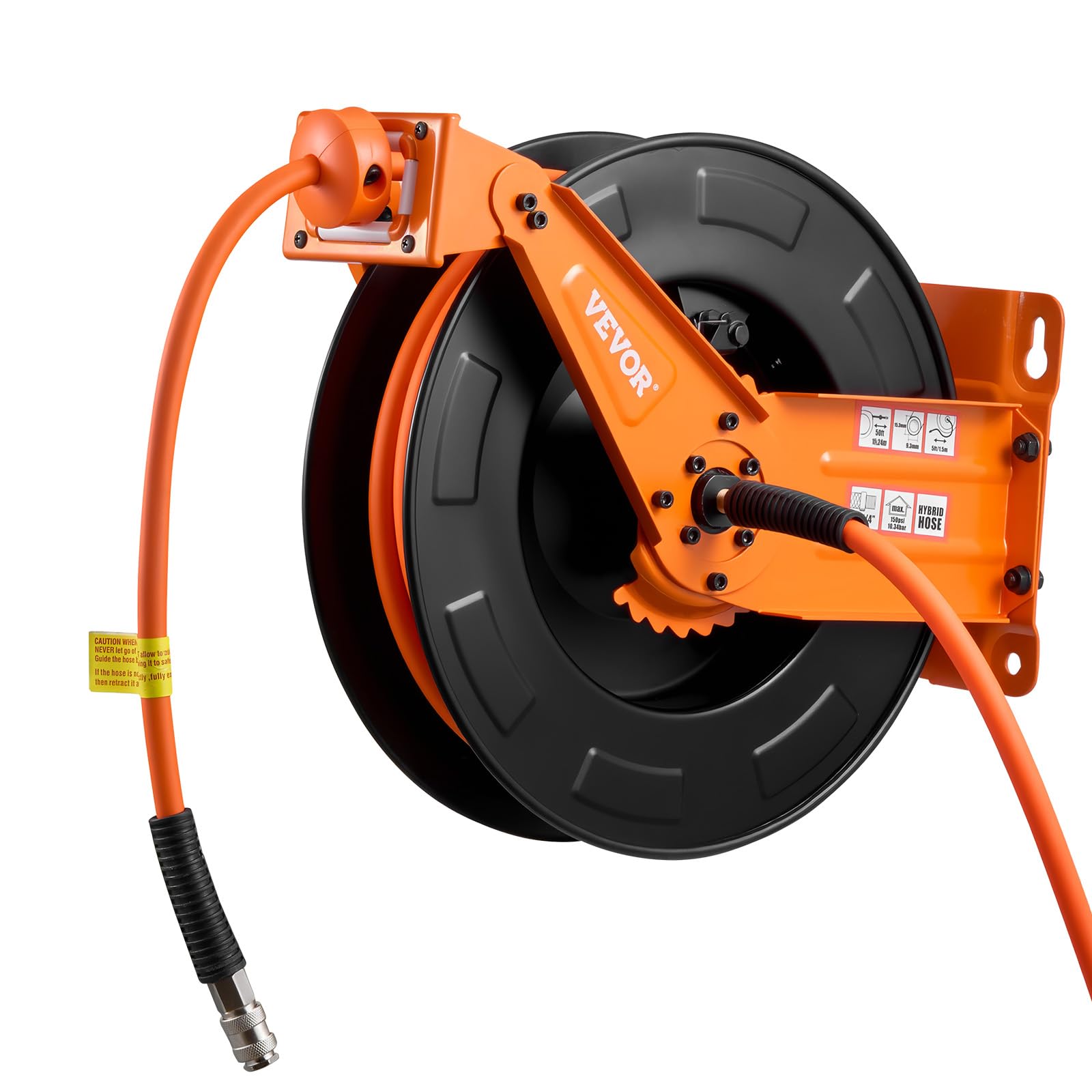 VEVOR Carrete de Manguera de Aire Retráctil 15 m x 9,5 mm, Manguera para Compresor de Aire Presión Máxima de 300 PSI, con Entrada de 1,52 m, Brazo Doble para Montaje en Techo o Pared, para Taller