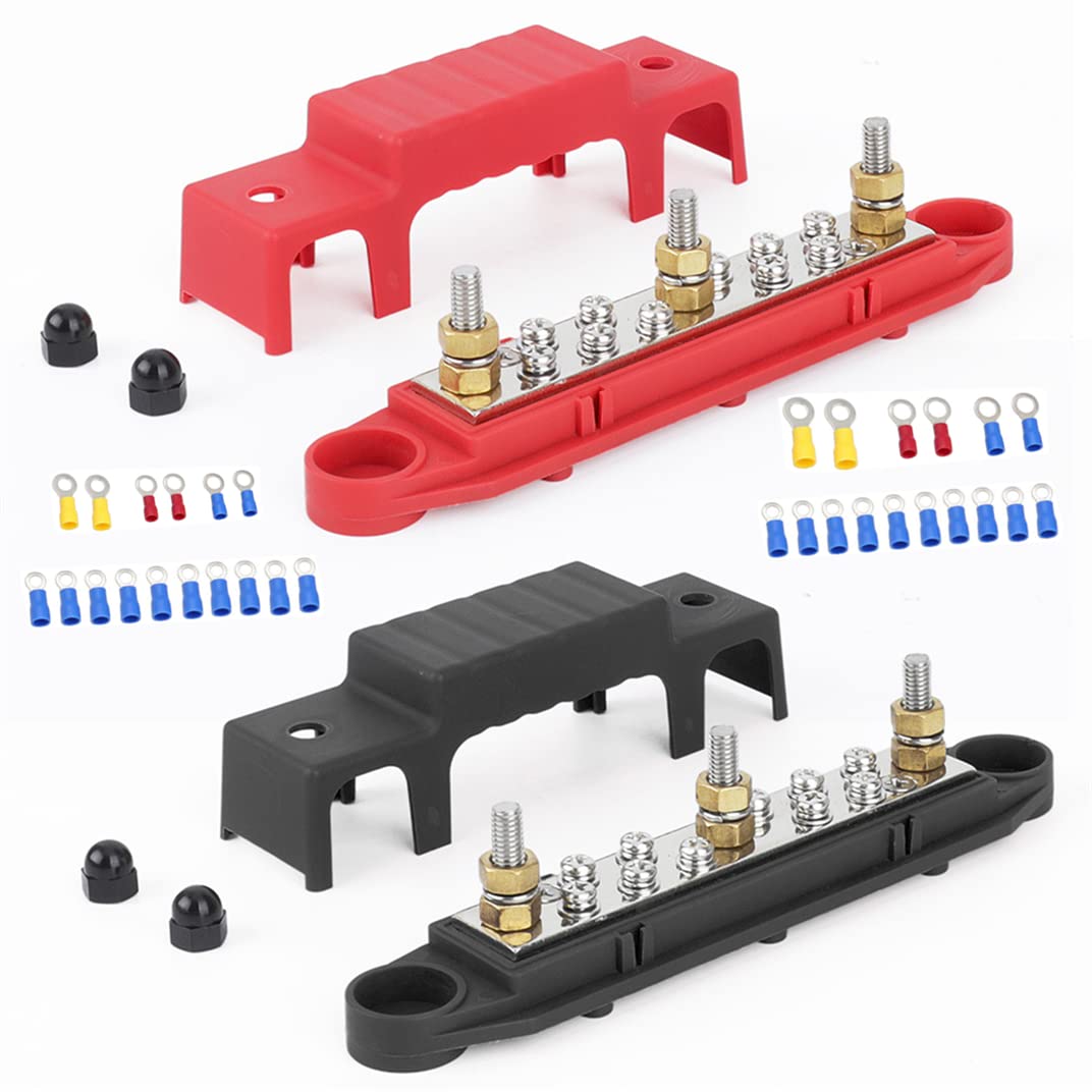 Bus Bar Power Distribution Block,2PCS Power Distribution Junction Block,150A Bus Bar Block with Cover,Battery Power Distribution Terminal Block,M6 10 Terminal Screws Bus Bar for Car Boat Caravan