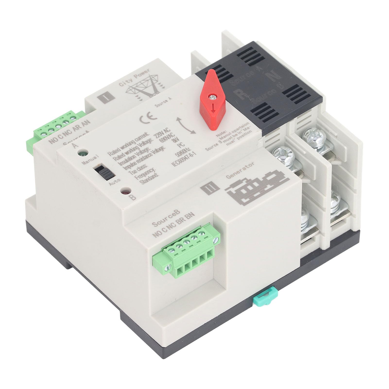 Ejoyous Interruptor de Transferencia Automática de Doble Potencia Interruptor de de Montaje en Riel 2P AC220V, Contactos Plateados de PC Ignífugos, Transferencia de Milisegundos, Operación Manual