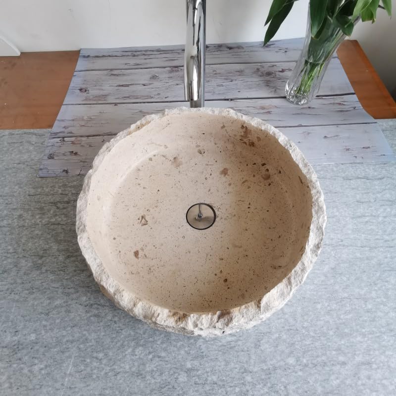 Beżowy trawertyn kamienna umywalka blat okrągłe zlewozmywaki 40 cm x 13 cm chrocks