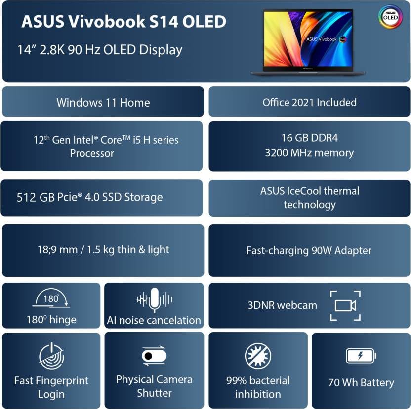 Image of ASUS Vivobook S14 OLED (2022) Intel EVO Core i5 12th Gen - (16 GB /512 GB SSD /Windows 11 Home) S3402ZA-KM502WS Thin and Light Laptop (14 Inch, Indie Black, 1.50 Kg, with MS Office)