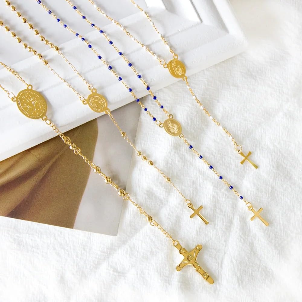 Collar de rosario religioso de plata de ley 925 para mujeres y hombres - Rosarios católicos escapularios largos Collares con colgante de cuentas para hombre