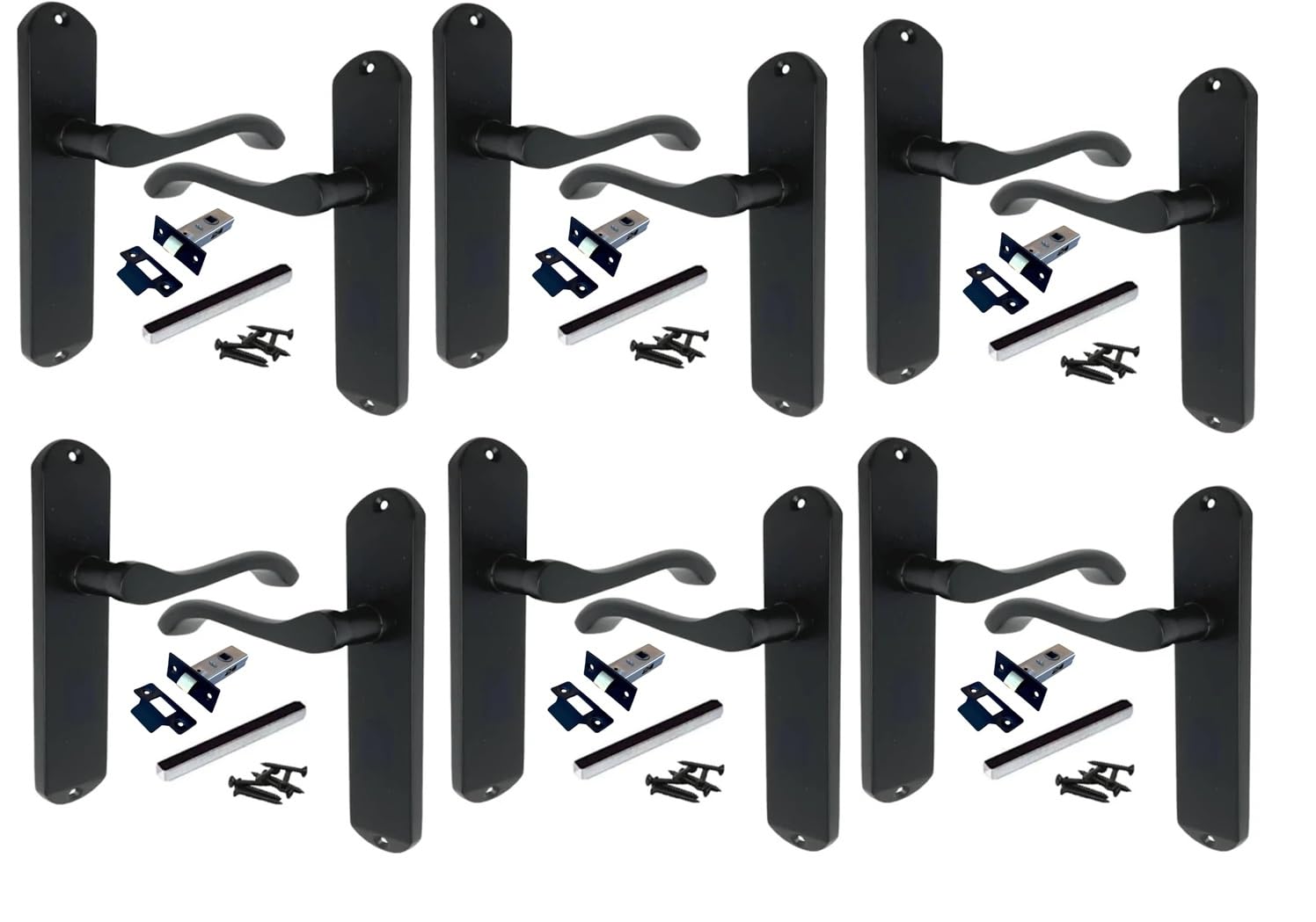 Epsom Door Handle Cadenza Matt Black Door Handles Pack of 6 with 63mm Tubular Latch – Victorian Scroll Lever Interior Door Handle Set on 178mm x 38mm Backplate – Traditional Internal Door Handles