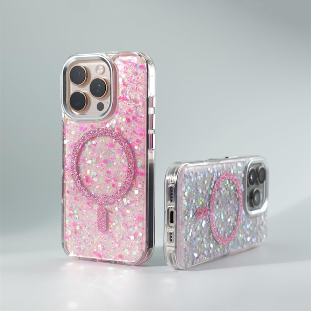 Custodia rigida antiurto con glitter e ricarica wireless per iPhone 14 Pro Max (nera)