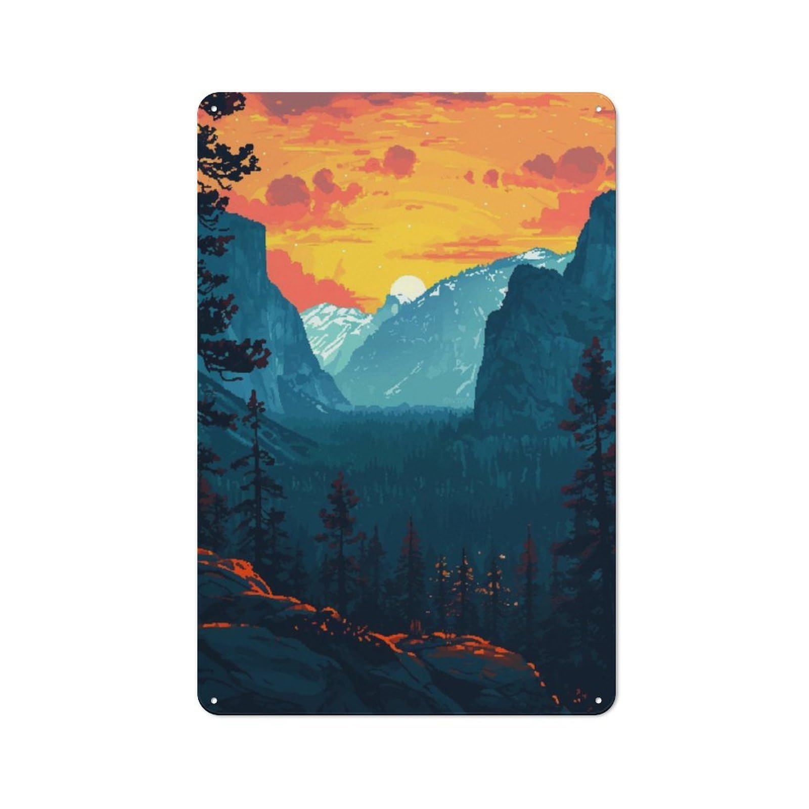 Junmoney Yosemite Evening Pixel Art Workshop Style Tin Sign 30X20cm, Industrial Wall Art For Garage, Hobby Room, Office Or Man Cave