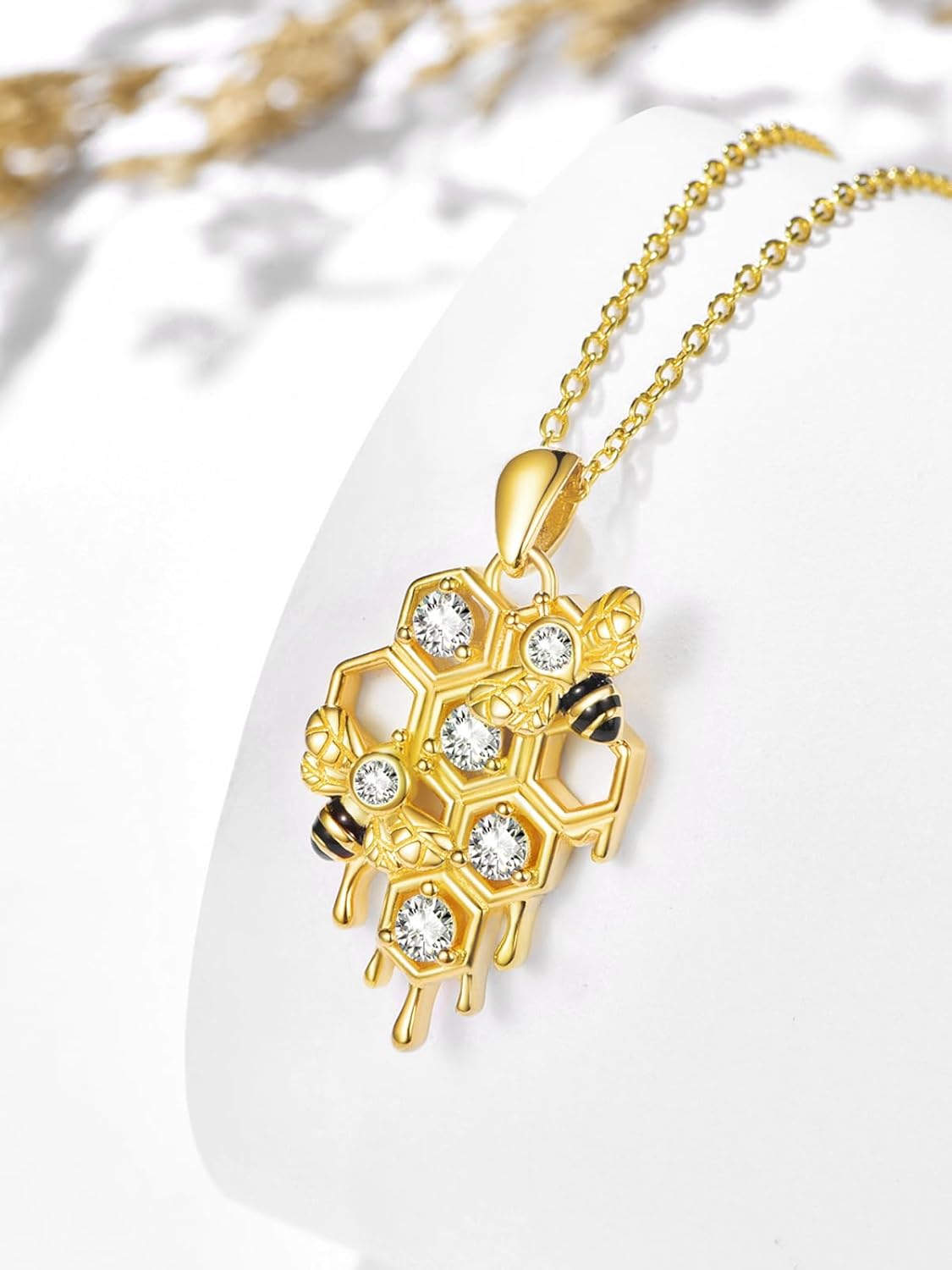 Bee Honeycomb Necklace for Women 14K Gold Plated Sterling Silver Bumble Bees Pendant Jewelry Gifts - Image 2