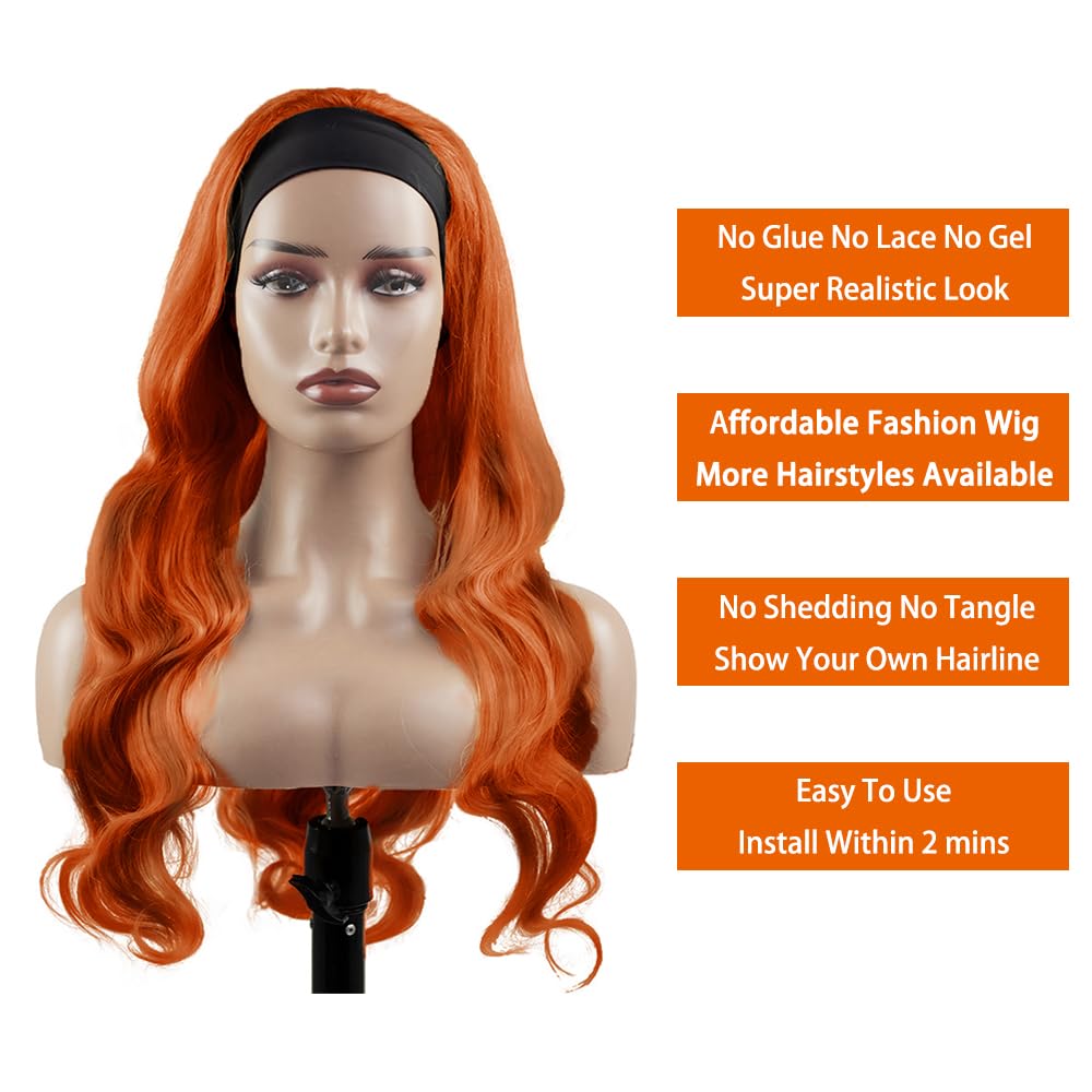 22 Inch #350 Orange Headband Wig Human Hair 150% Density Grade 8A Unprocessed Brazilian Virgin Hairs Machine Made Orange Body Wave Headband Wig Human Hair None Lace Front Wig