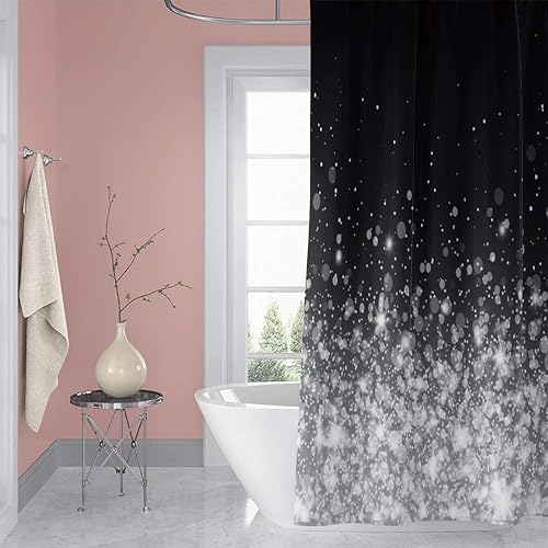 Miniatura 4 de OERJU Cortina de ducha de 72 x 96 pulgadas con puntos brillantes, hermosa noche romántica de ensueño, arte blanco y negro, estilo femenino, tela