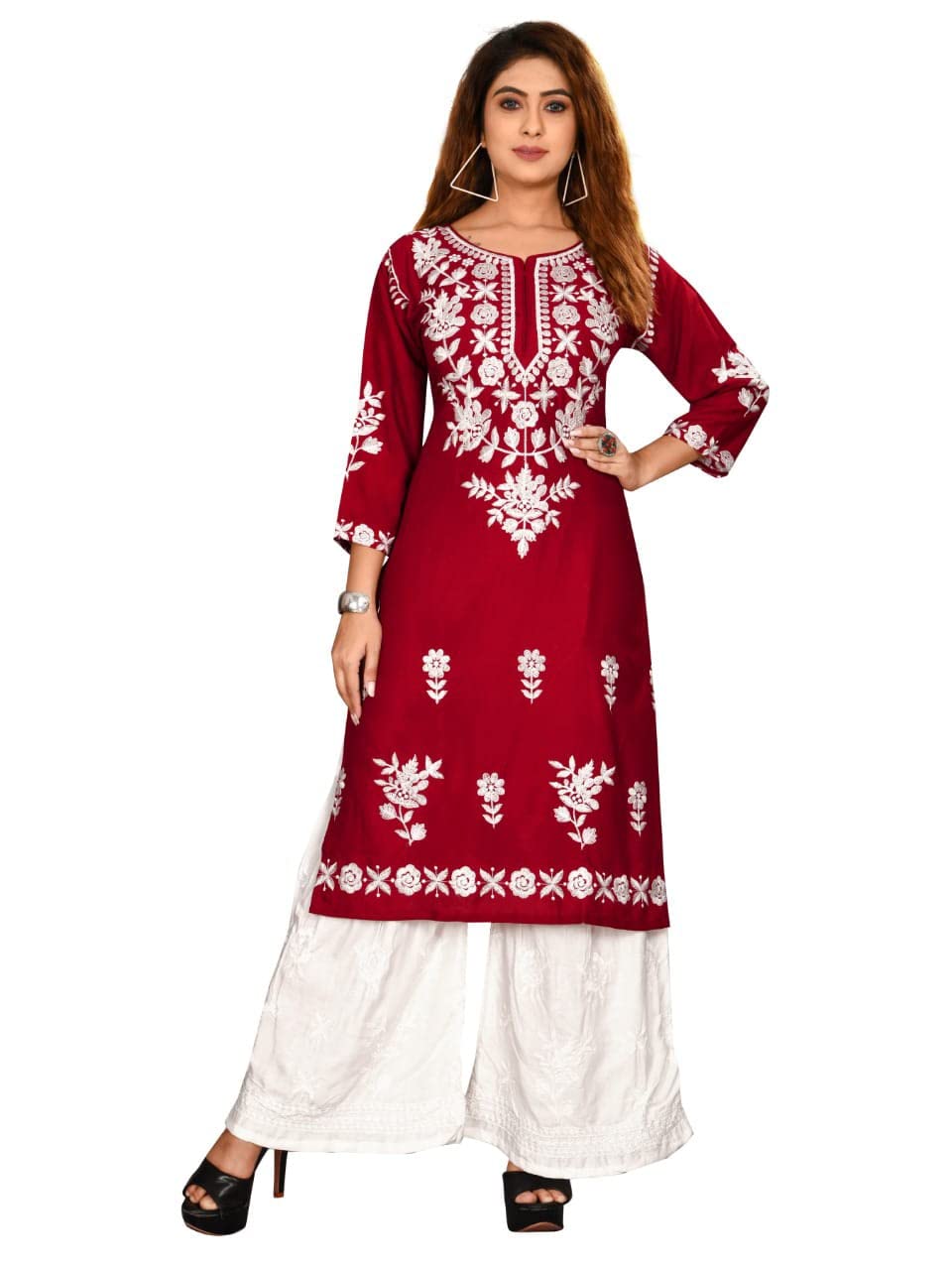 Hari Fashion Women's Polly Rayon Red Designer Kurti with Sarara