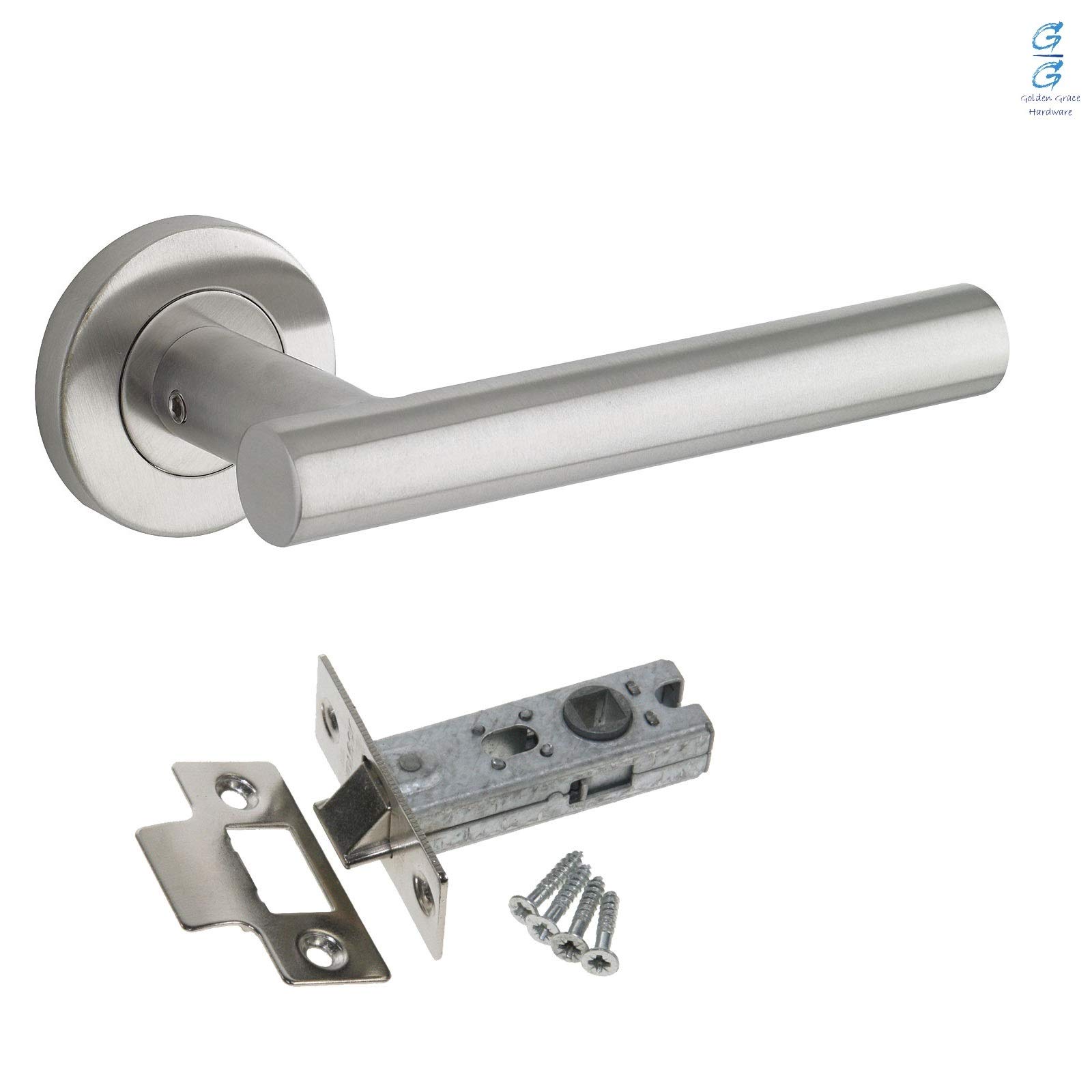 Golden Grace Straight T-Bar Door Handles in Brushed Steel Finish On Round Rose with Tubular Latch - 1 Pair