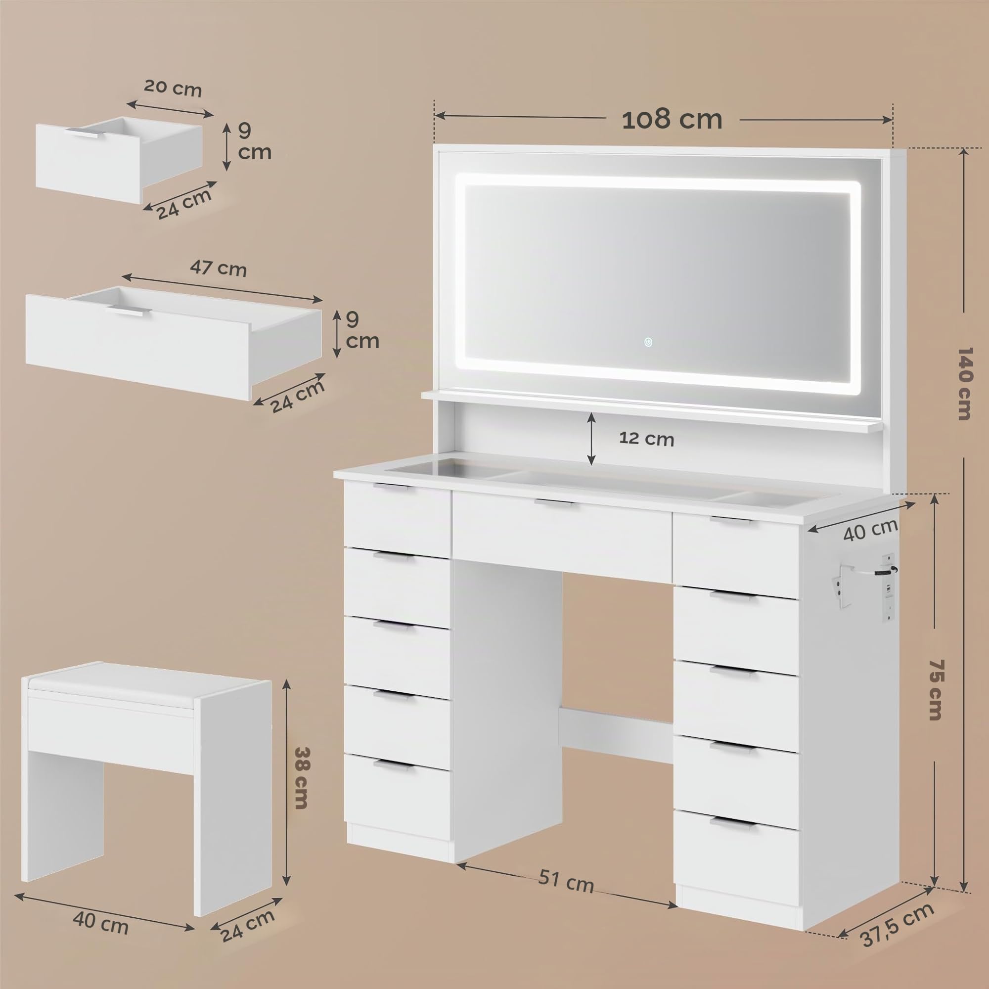 Mondeer Coiffeuse avec Miroir et Tabouret, LED Maquillage Luminosité Réglable avec Plateau en Verre et 11 Tiroirs, Coiffeuse Moderne avec Prise, pour Chambre à Coucher, Blanc