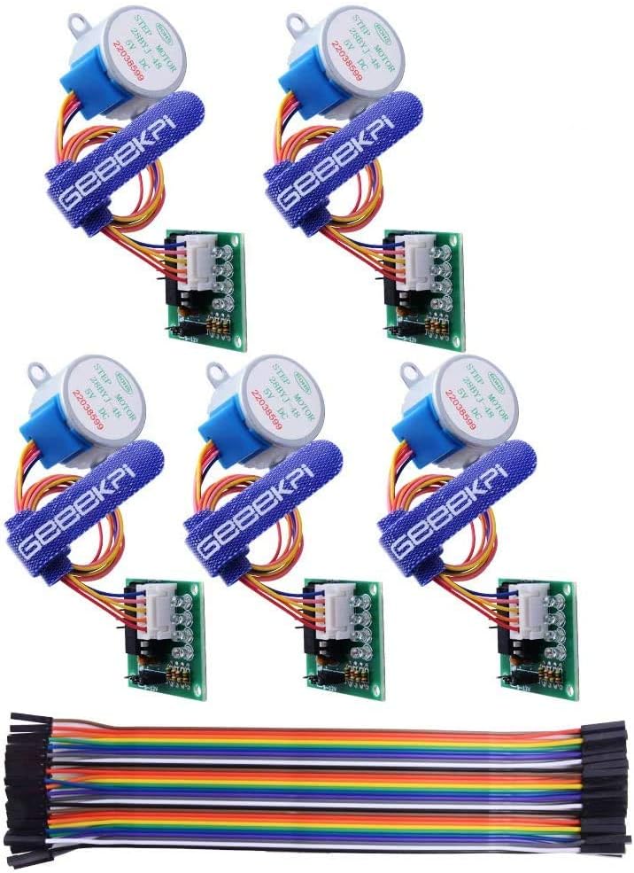 GeeekPi 5 Pack Geared Stepper Motor 28BYJ-48 5V Stepper Motor + Uln2003 Motor Driver Board + Dupont Wire Jumper Wires Ribbon Cables Compatible with Arduino