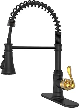 BWE Kitchen Faucet, Kitchen Sink Faucet with Pull Down Sprayer, Single Handle High Arc Faucet in Black and Brushed Gold with 3 Modes Spray for RV Farmhouse Bar Kitchen, Solid Brass Construction