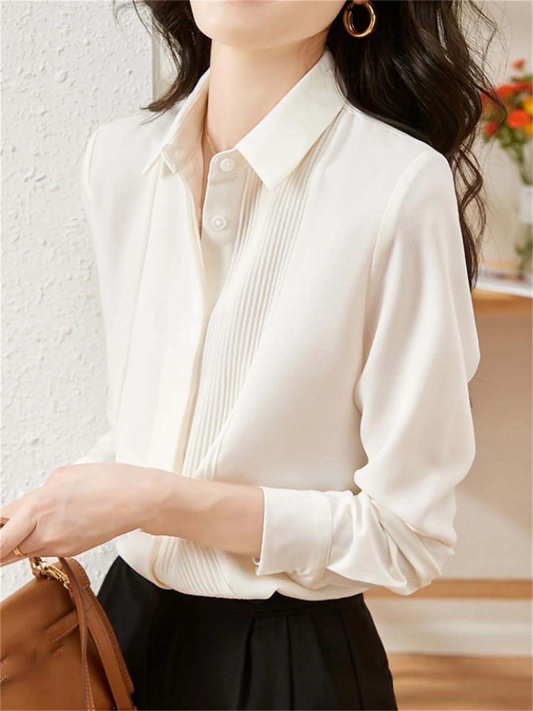 Camicia da donna con risvolto bianco plissettato primavera manica lunga formale base ufficio top