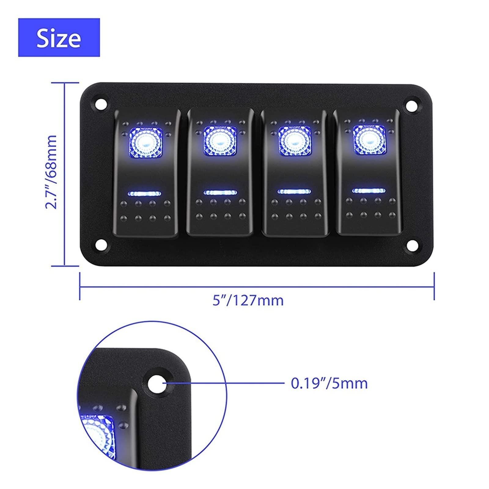 Panel de Interruptor basculante de Aluminio de 4 entradas, Interruptor basculante retroiluminado precableado de 5 Pines ON-Off con Juego de Pegatinas DIY for Coche