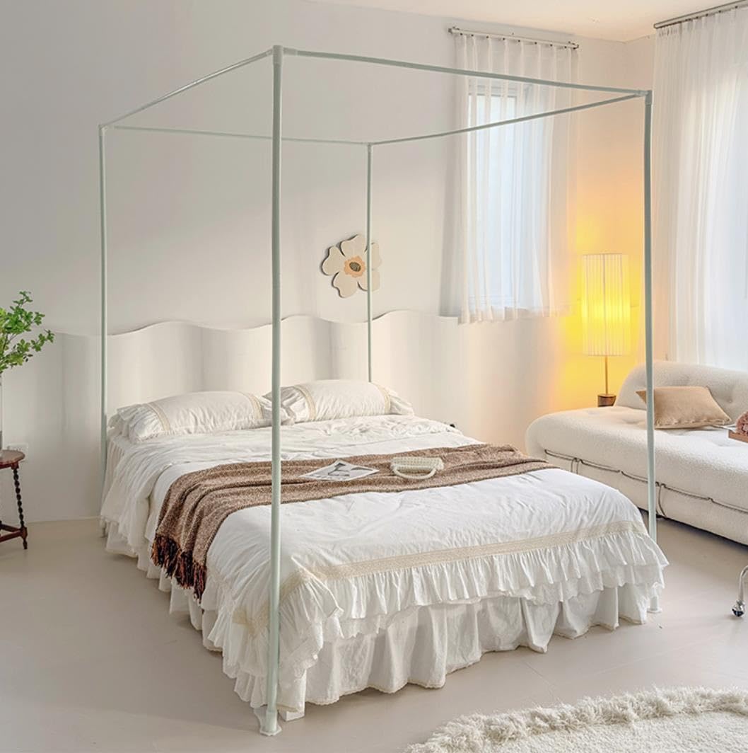 Moustiquaire de lit à 4 montants d'angle, rideaux à baldaquin en dentelle | Moustique de sol cryptée avec support métallique pour lit de fille, chambre d'adulte ou chambre d'en(Beige,150x200cm)