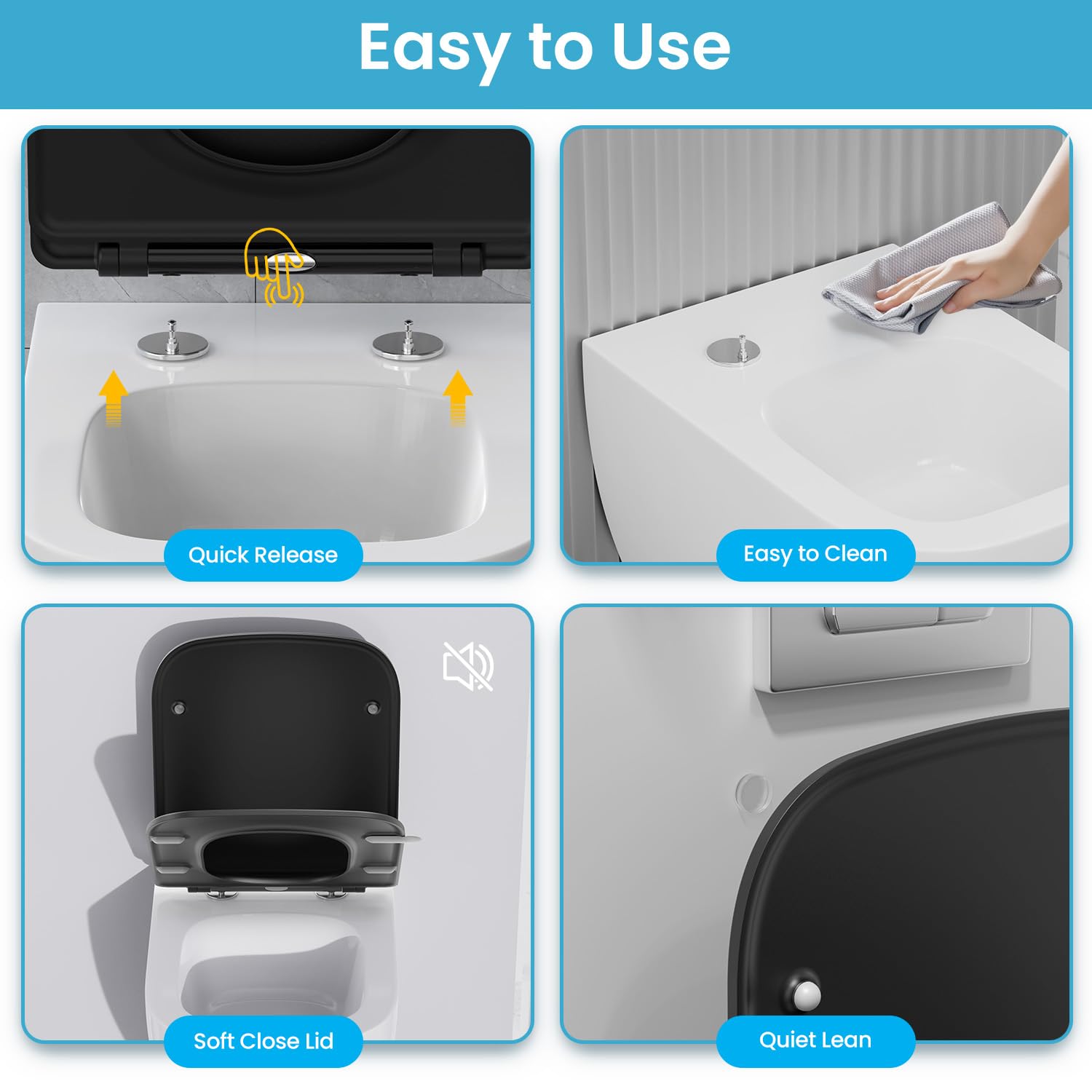 Sedile WC Quadrato Softclose nero, Tavoletta WC in Duroplast Antigraffio, Copriwater Rimovibile Quick Release, Facile da Pulire, incluso modello di installazione, 42,3 x 36,1 cm