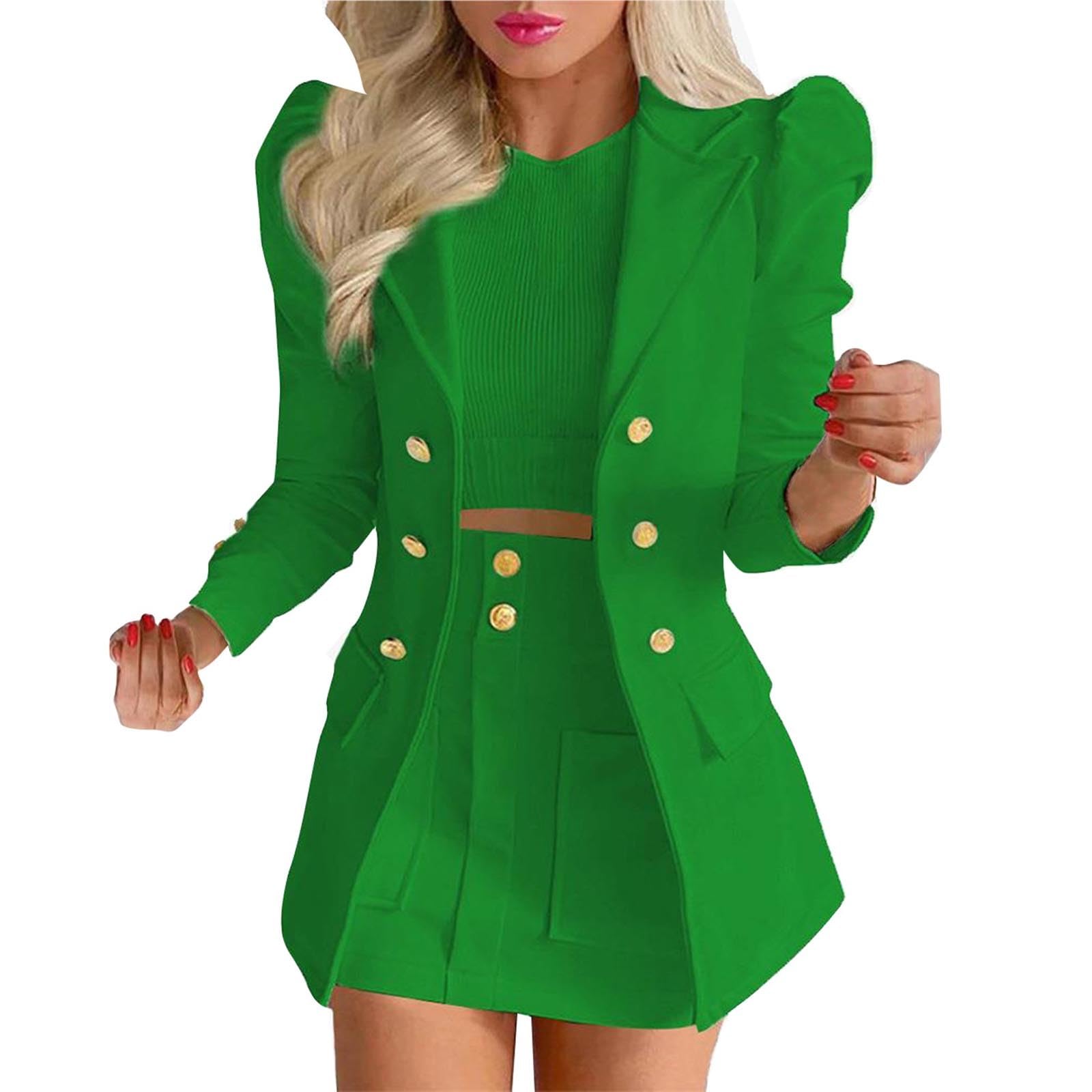 HGps8w 2 Piece Outfits for Women Dressy Double-Breasted Puff Sleeve Blazer Suit Jackets and Mini Skirt Business Sets