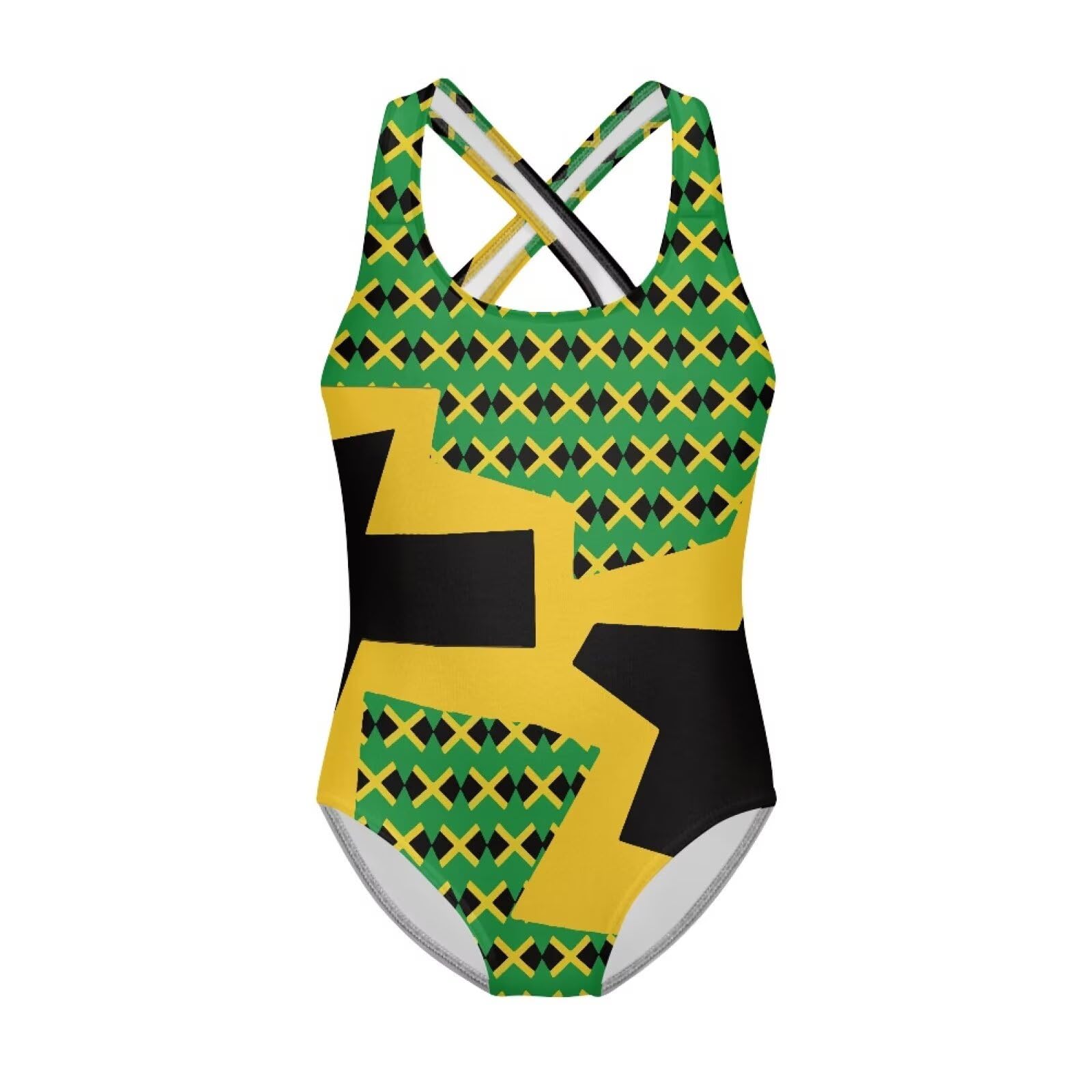 JUDENTIDOS Jamaican Flag Pattern Girls One Piece Swimsuits Quick Dry Beach Bathing Suit Crossback Swimwear 5-14 Years Gymnastics Leotards