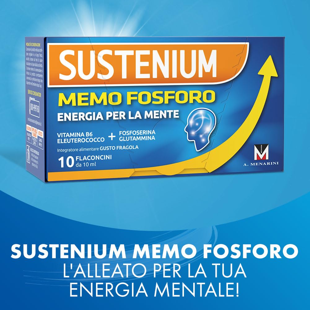 Sustenium Memo Fosforo - Integratore alimentare a base di Fosfoserina, Glutammina, Vitamina B6 ed Eleuterococco. Energia per la mente. Confezione da 10 flaconcini (10ml)