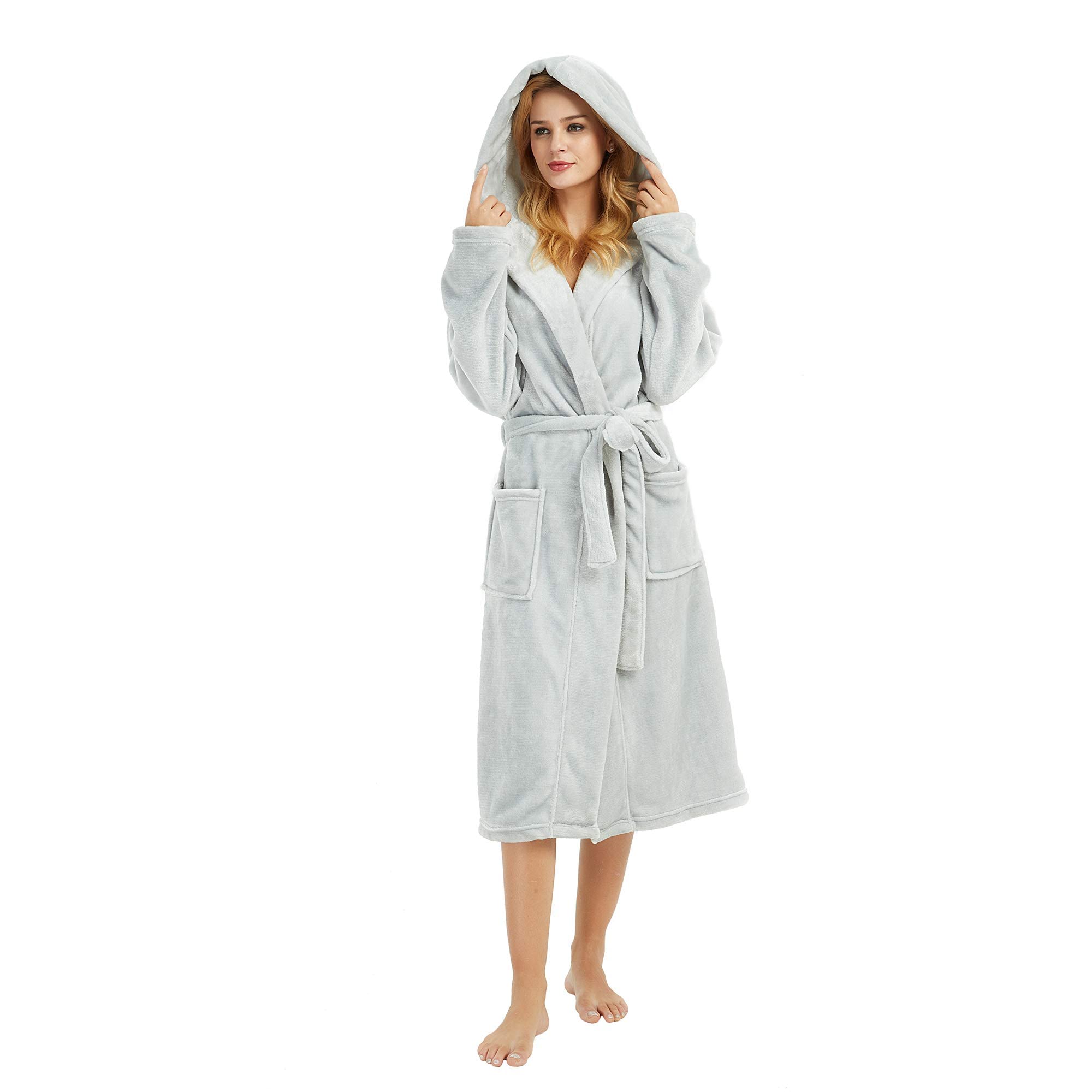 HEARTNICE Damen Fleece Bademantel mit Kapuze, weicher Plüsch Morgenmantel Bädemantel für Damen, flauschig süß Lange Hausmantel