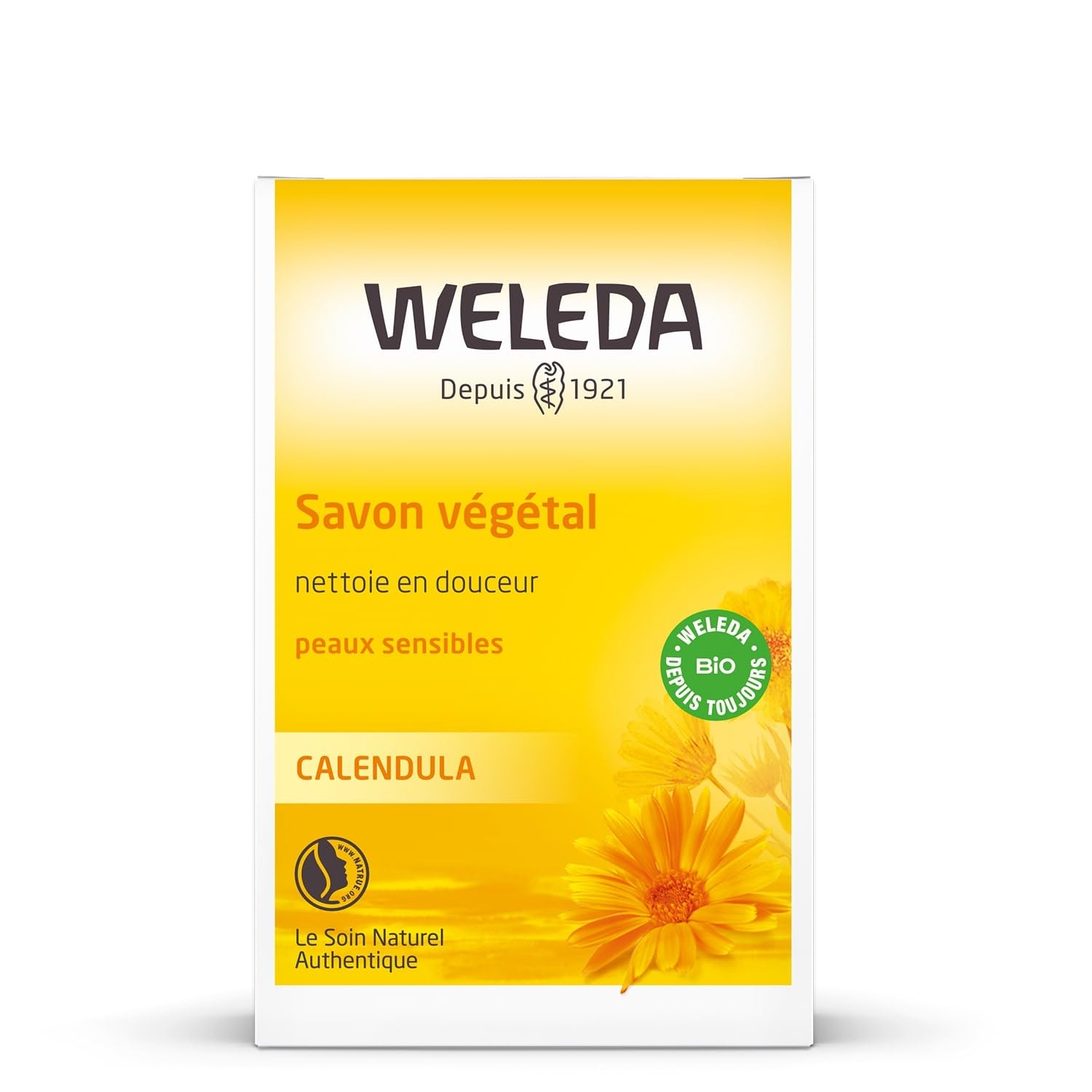 WELEDA - Savon végétal au Calendula - Nettoie en douceur - Mousse fine et onctueuse - NATRUE* - Bio** - Vegan*** - 100g