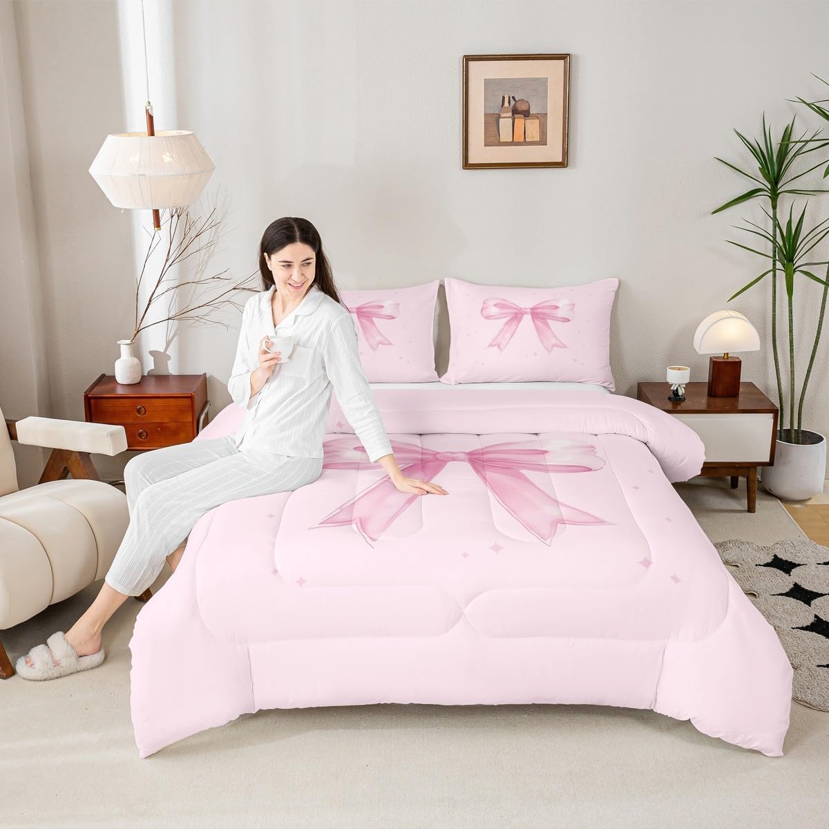 Feelyou Pink Bowknot Comforter Set All Season Dreamy Princess Bedding Set with 1 Pillow Cases Cute Bow Microfiber Kids Toddler Bedclothes Watercolor Bedroom Decor Duvet Quilt Soft Lightweight
