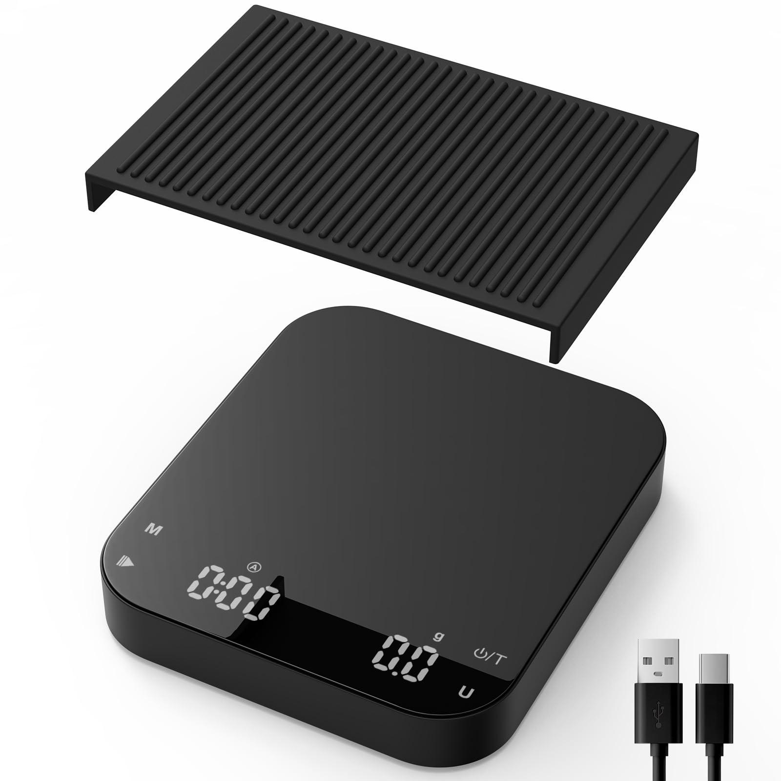Diyife - Báscula de café de precisión de 0,1 g con temporizador, báscula recargable de espresso de 3 kg/0,1 para café vertido, báscula digital con pantalla LCD retroiluminada, tara automática