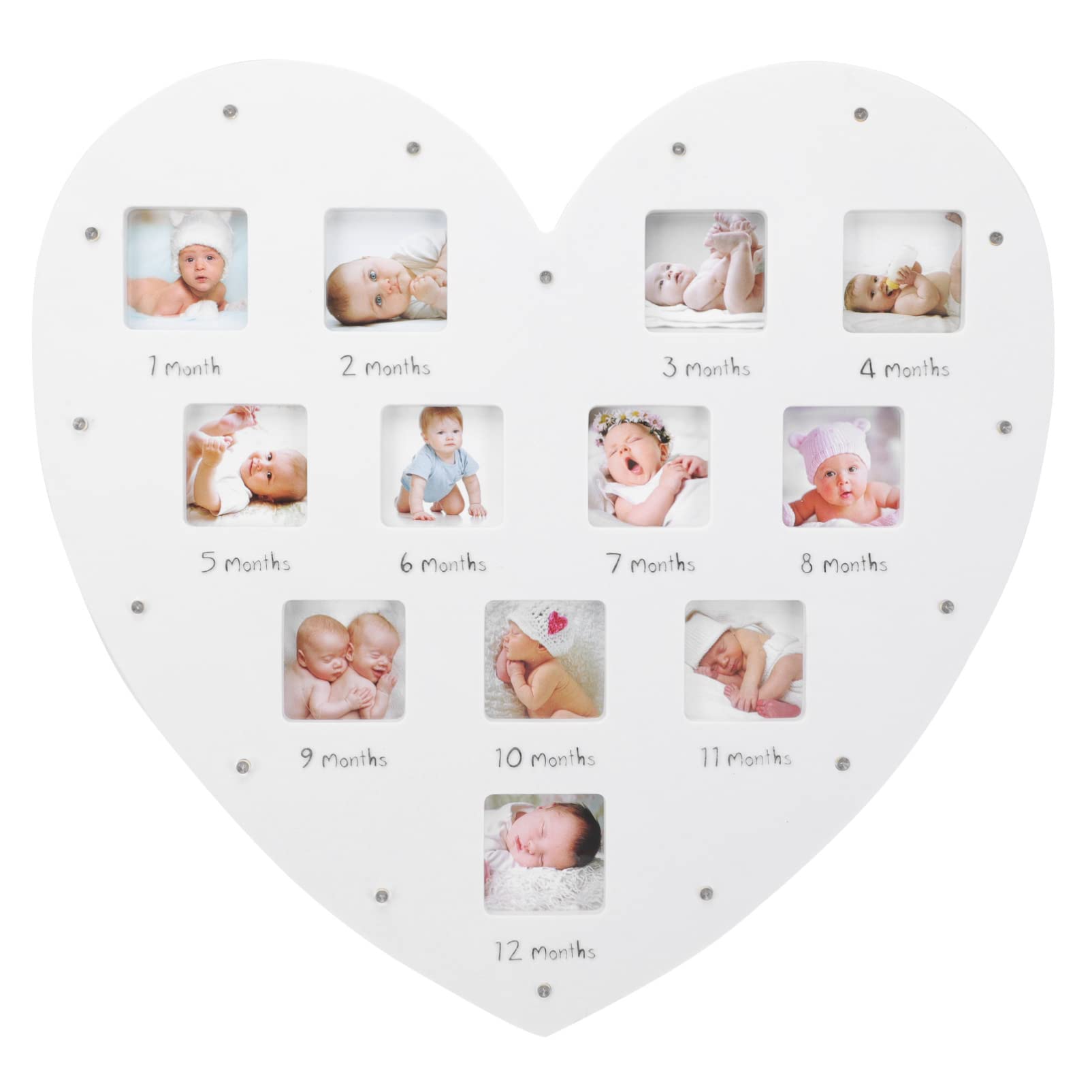 SOLUSTRE My First Year Picture Frame Newborn Baby Heart Shaped Keepsake LED Photo Frame Hold 12 Months Photo Inserts First for Wall Decor (13.17X12.58X1.18inch)