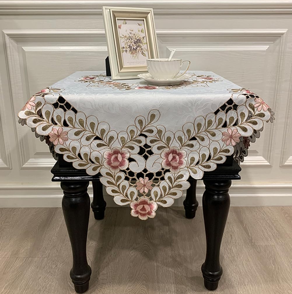 MULBESS Square Tablecloth - Stain Resistant Damask Fabric Flower Embroidered Lace Tablecloths Small Washable Table Cloth for Dining Room Kitchen Home Decor (Square, 33 X 33 inch)
