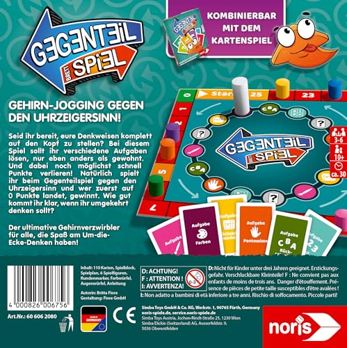 Noris 606062080 - Gegenteil Spiel (Brettspiel ab 10 Jahre) - kombinierbar mit dem Kartenspiel - verrücktes Konzentrationsspiel für Kinder und Erwachsene für 3-6 Spieler