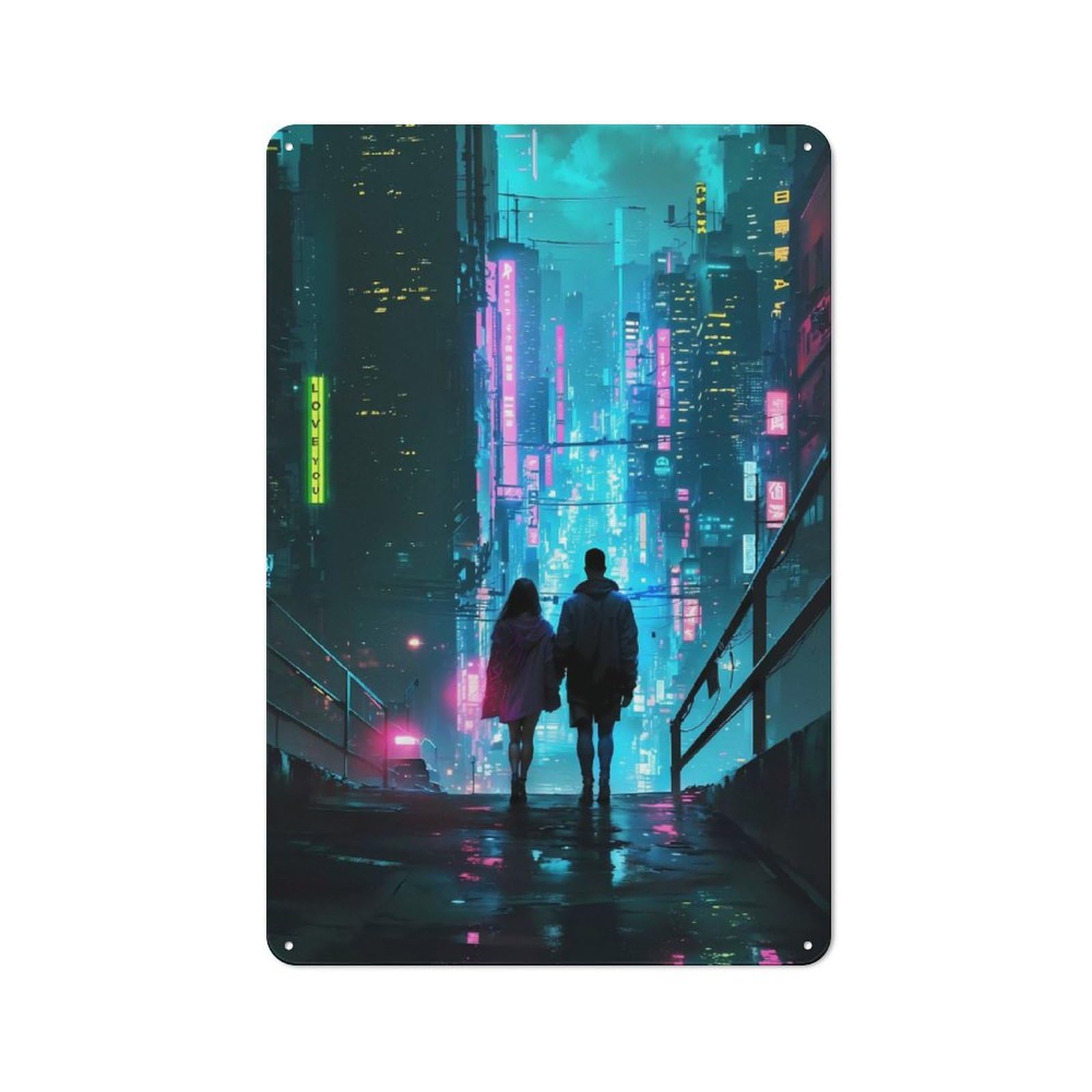 Future Neon City Couple Printed Metal Sign for Pet Owners, Birthday, Christmas Or Housewarming Gift, 30x20cm