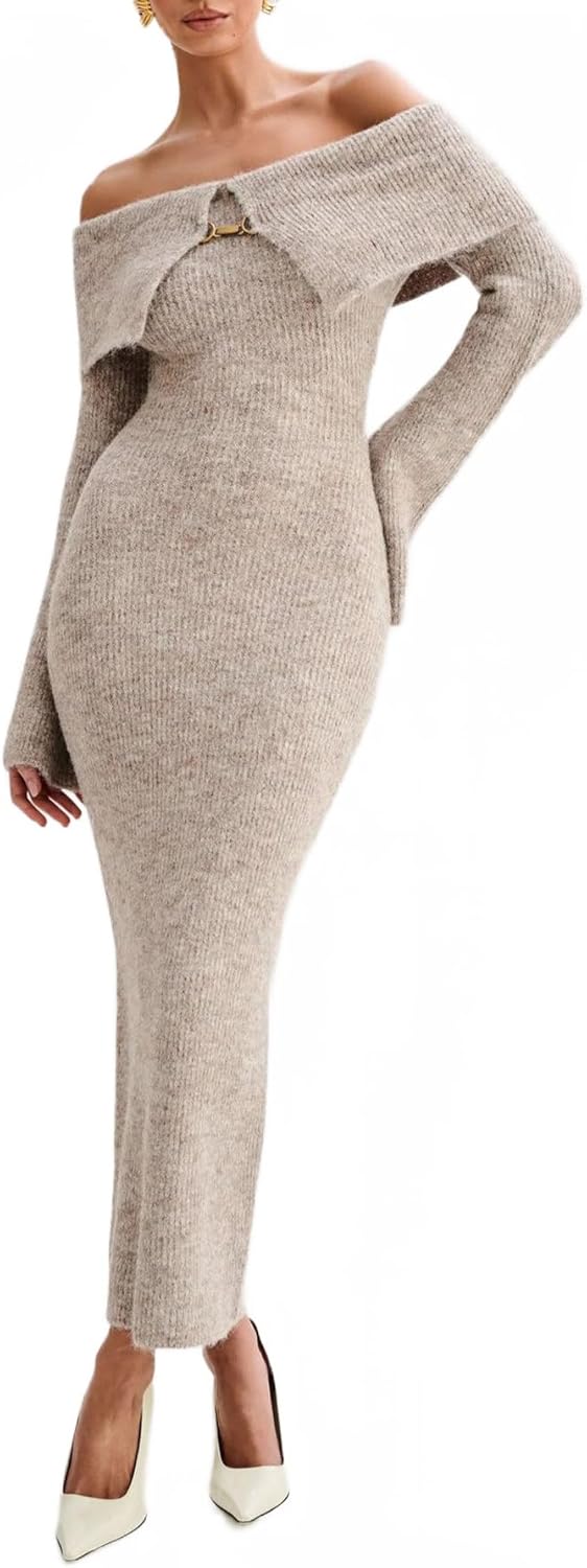 Womens Long Sleeve Off Shoulder Ribbed Knit Crochet Maxi Dress Slim Fit Bodycon Sweater Dress 2025 Trendy Outfits