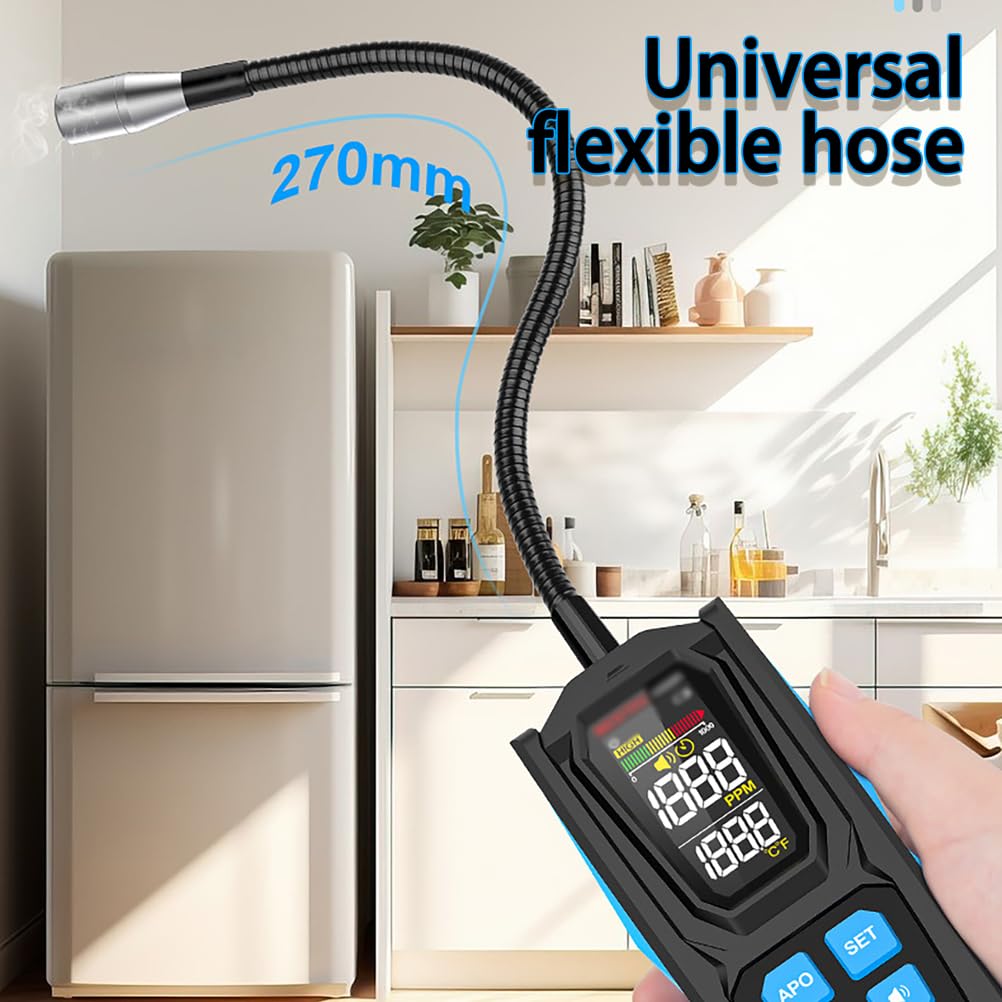 Detector de fugas de gas, analizador de gas de alta precisión, kit de detección de fugas automotrices con triple alarma (audible/visual/retroiluminación) y sonda flexible para el hogar y RV