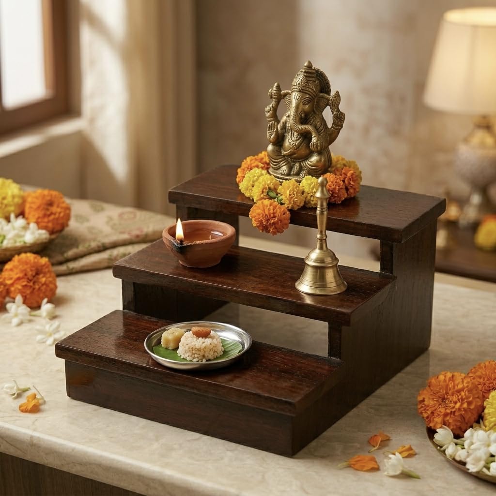 3-Tier Wooden Pooja Chowki, Solid Sheesham Wood Step Puja Peeta, Brown Finish, 19 x 23.5 x 11CM, Singhasan Stand for God Idols-image-3