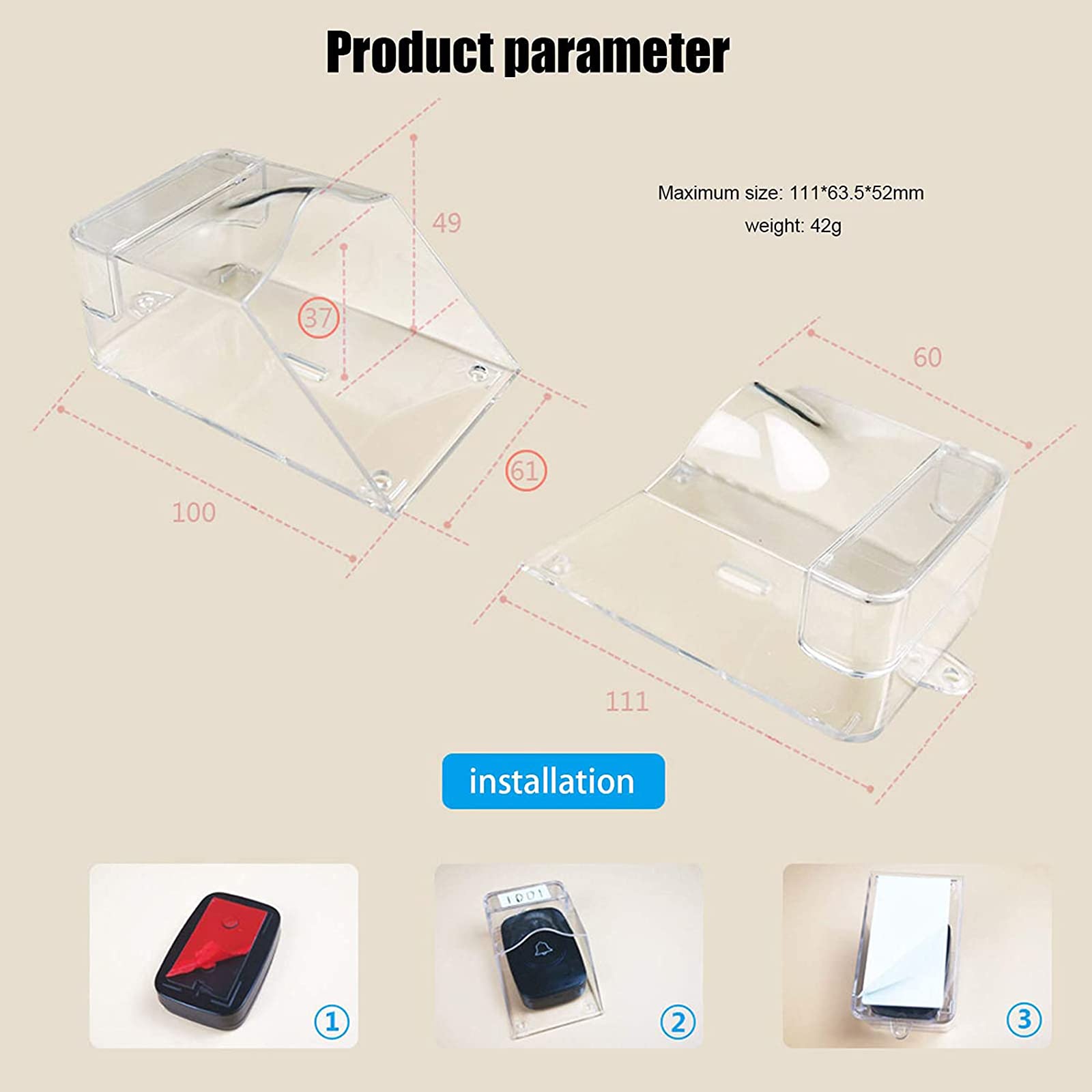 Cubierta impermeable transparente para timbre de puerta inalámbrico, la Lluvia y la Nieve y Compatible con Transmisores Caja Resistente para Timbre de Puerta Exterior