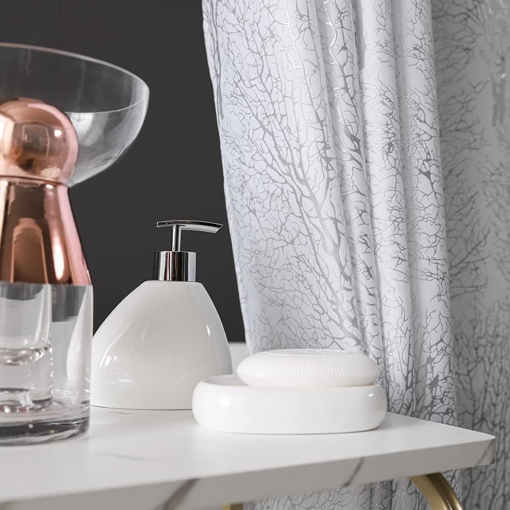 YJ YANJUN White and Silver Tree Shower Curtain - Embossed Branches Design Luxury Waterproof Shower Curtain 72x72 Inch 1 Panel