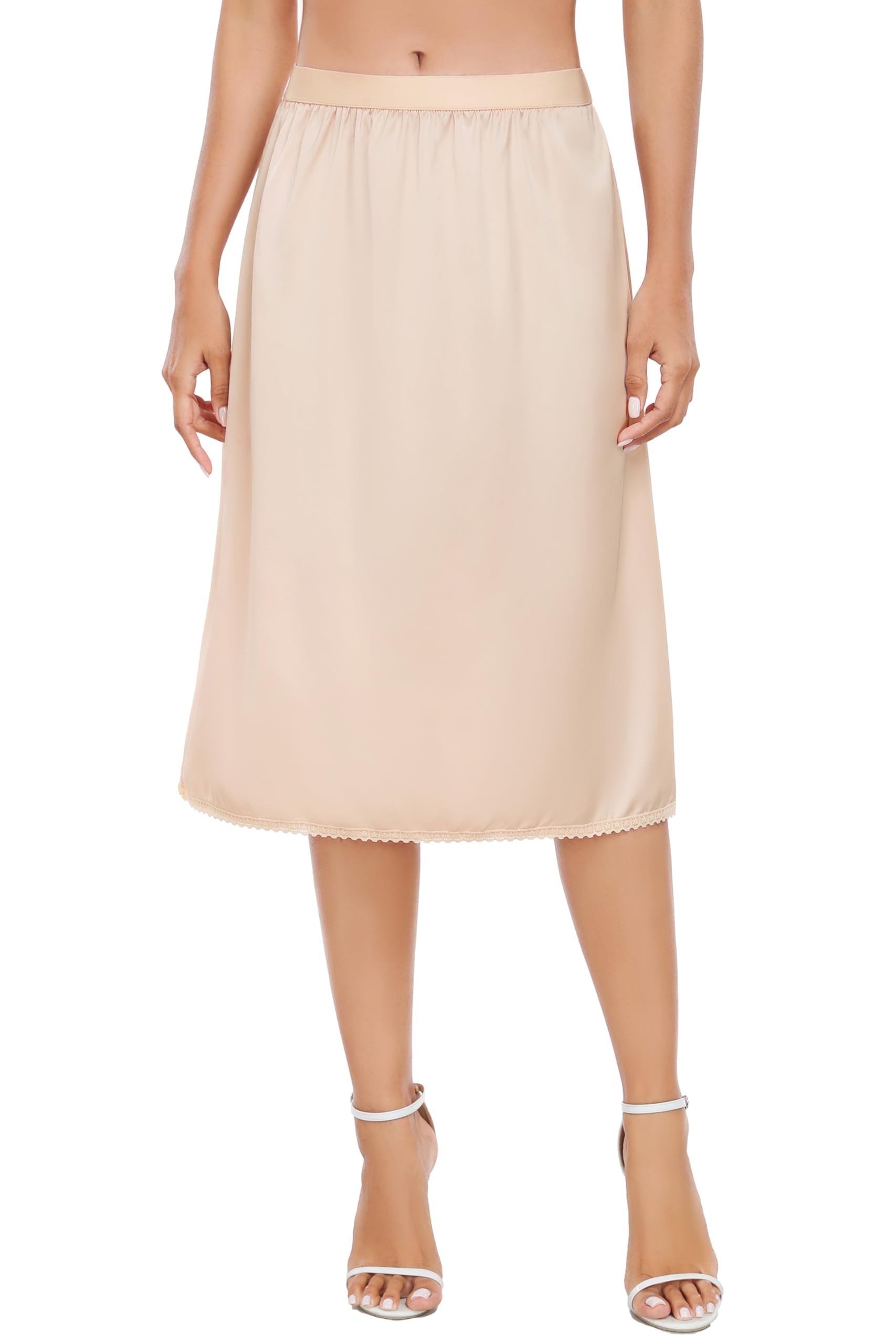Vlazom Women's Satin Half Slip Lace Slip Skirt Long Half for Under Dress Skirt Extender S-XXL