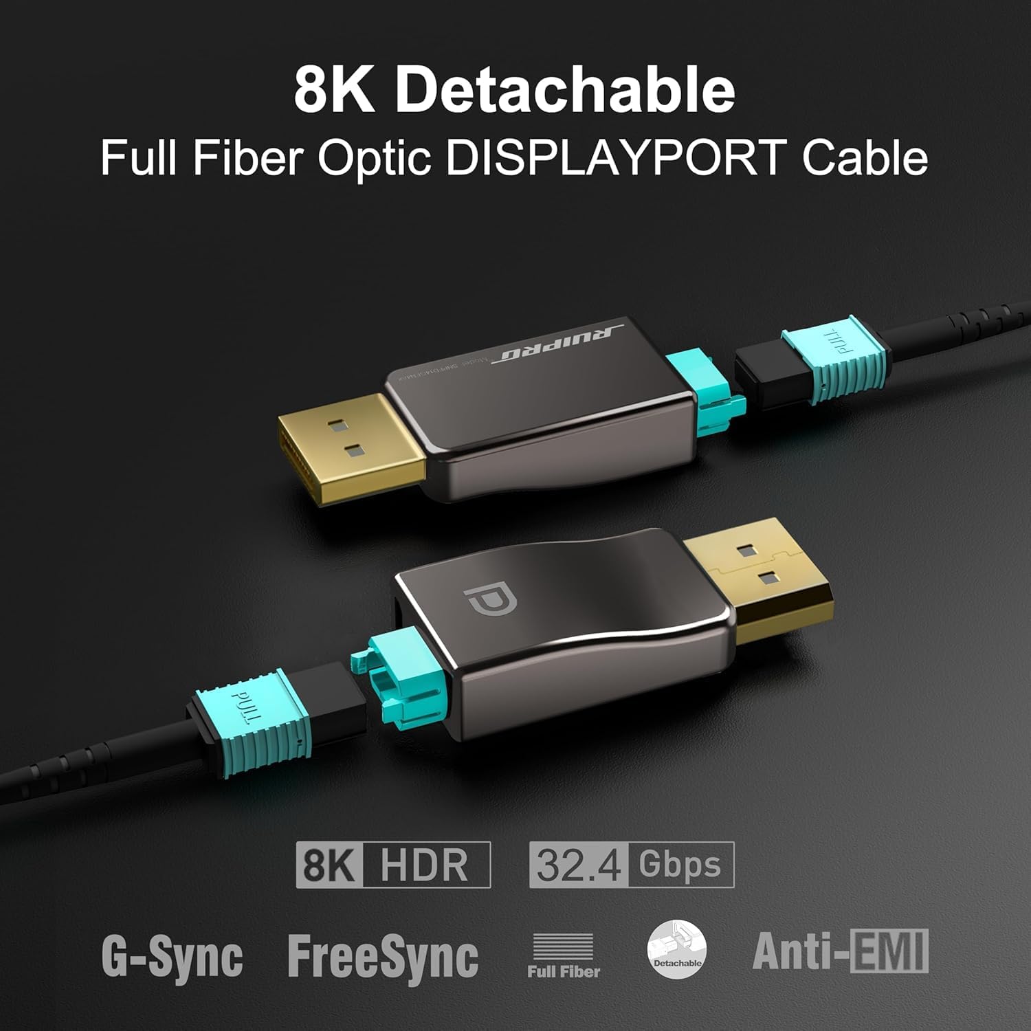 RUIPRO Detachable DisplayPort Optical Interface Module, DP 1.4, 8K@60Hz / 4K@144Hz MPO Female to Female Full Fiber Optic Cable