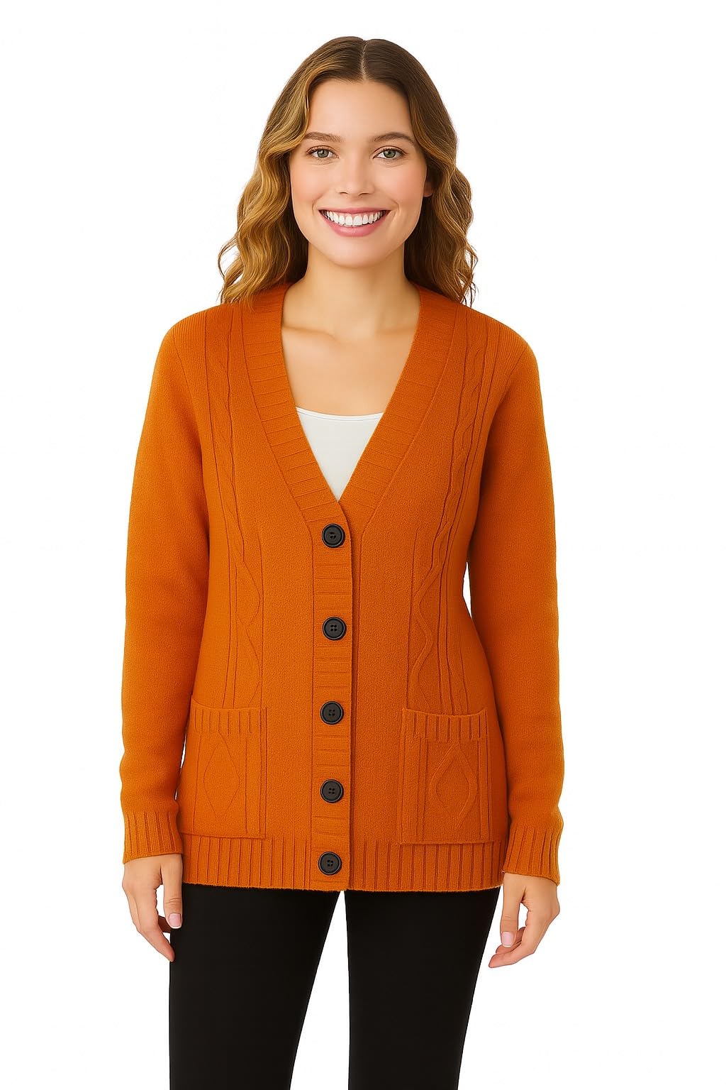 Women's Cable Knit Button Down Sweater with Pockets - Soft Chunky Knit Long Sleeve Winter Cardigan, Casual Warm Knitwear (22 Colours)