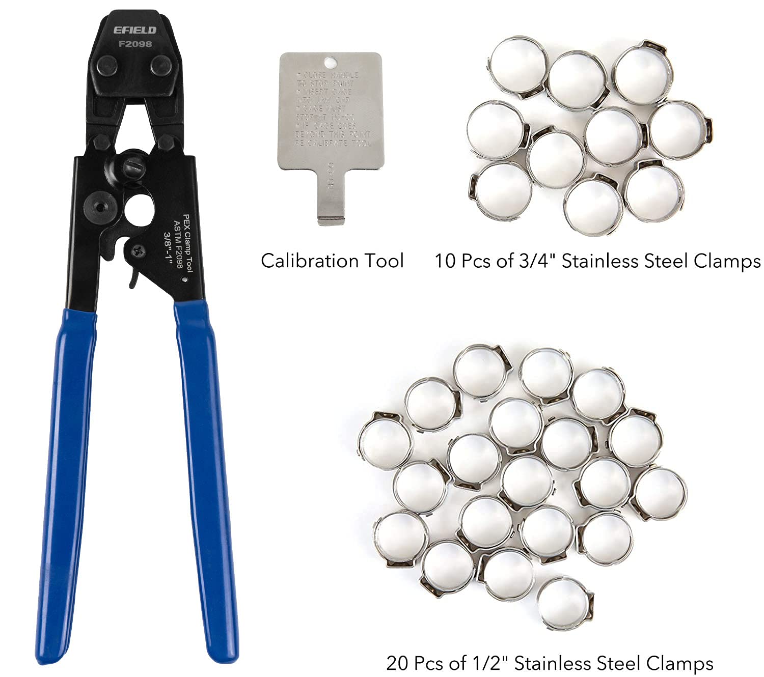 EFIELD Pex Cinch zacisk/zaciski węża usznego narzędzie do zaciskania zacisków ze stali nierdzewnej rozmiary od 3/20.3 cm do 2.5 cm z metalowym obcinaczem do rur 20 szt. 1/5.1 cm i 10 szt. 3/10.2 cm