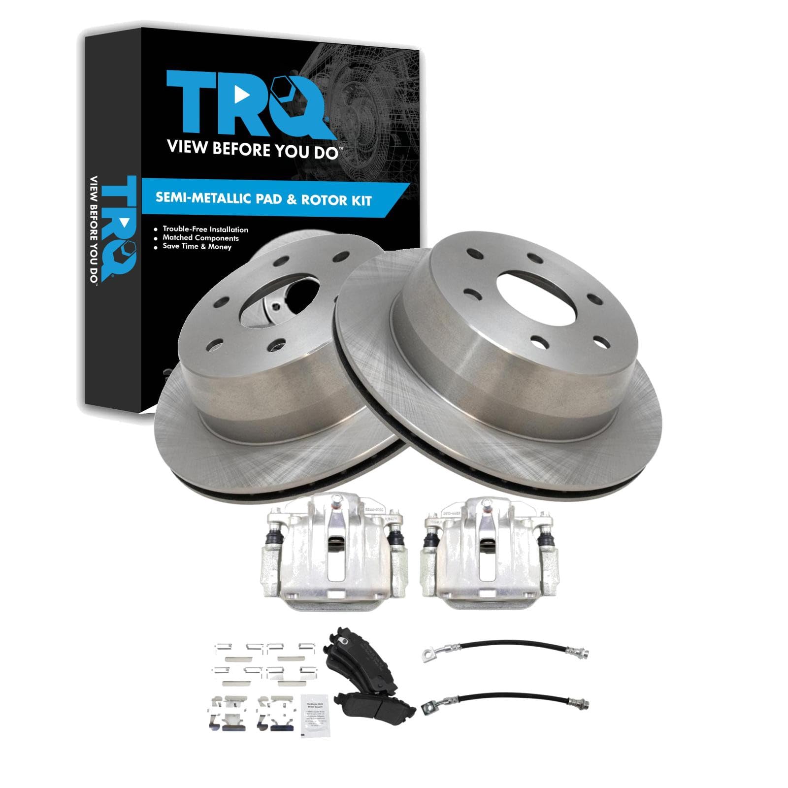 TRQ Rear Brake Pad and Rotor Set Semi Metallic Vented Rotors Calipers Compatible with 2000-2001 Chevrolet Tahoe GMC Yukon